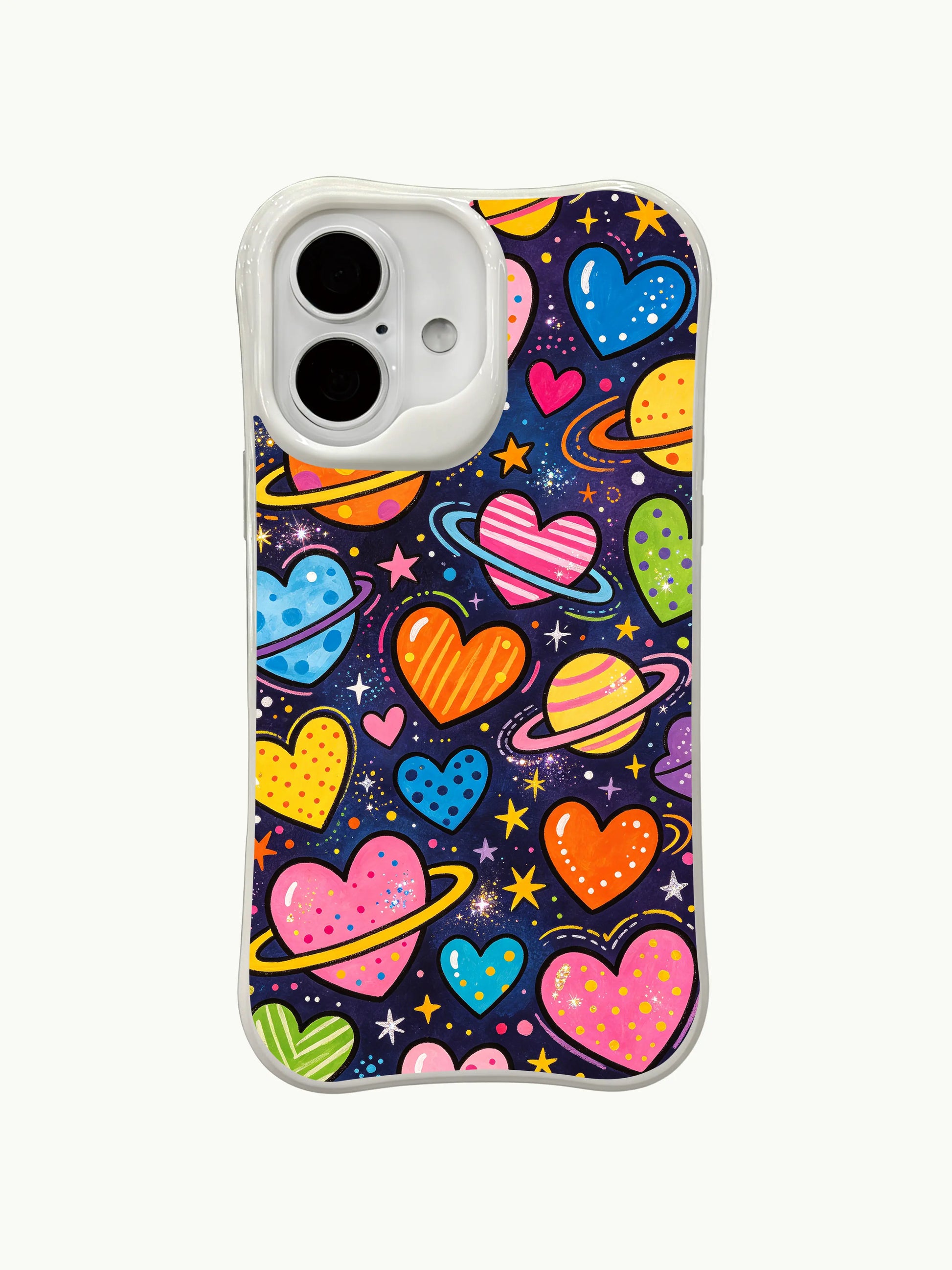 PhoneCasing Love Space Hearts Case for iPhone 16 Plus, a whimsical iPhone 16 plus casing with heart planets and cosmic patterns.