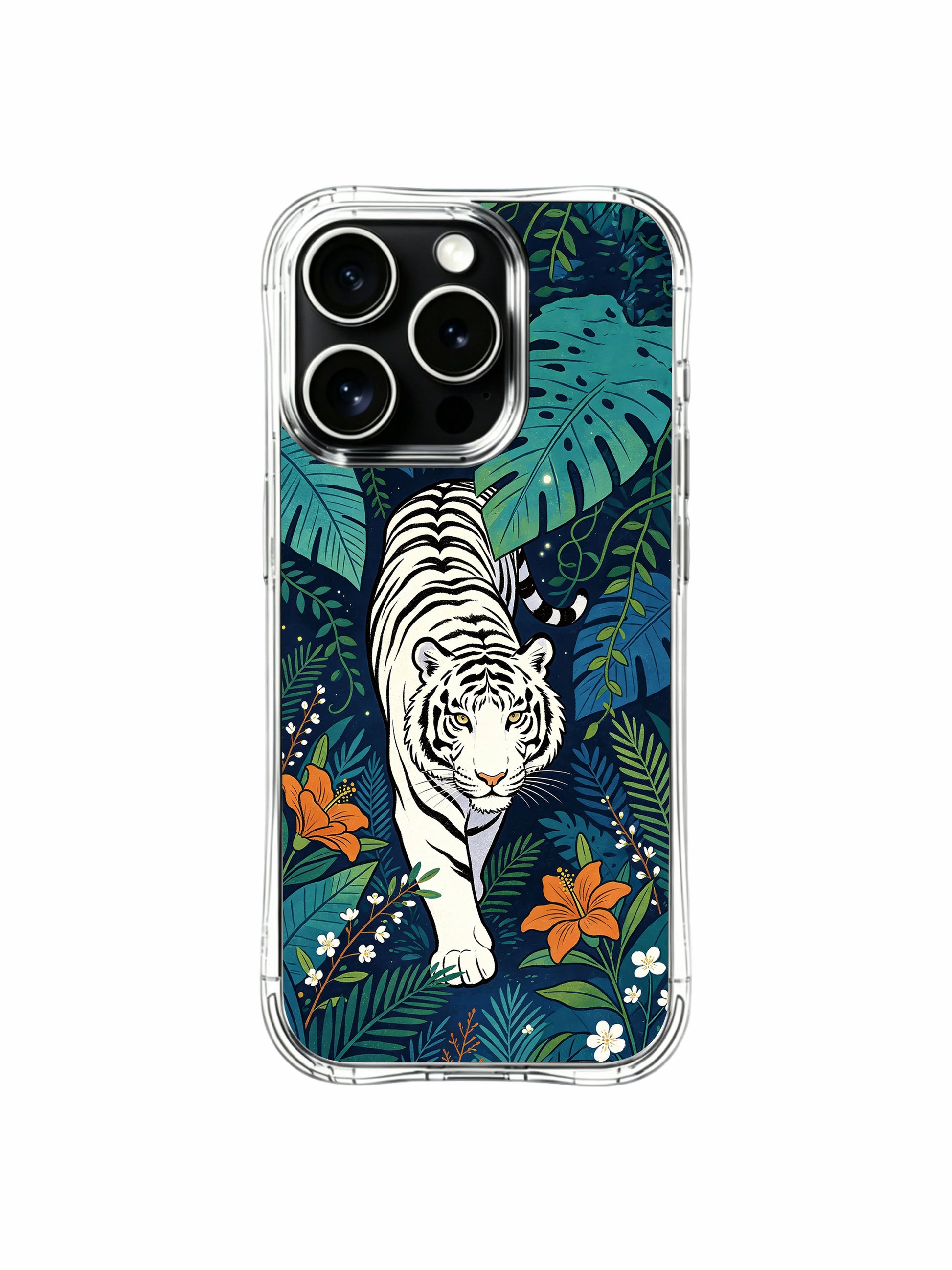 Low prowling white tiger hidden midnight blue garden iPhone 13 Pro Case from PhoneCasing, lush tropical vine detailed phone casing, high-end hand-finished art phone case