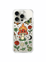 PhoneCasing iPhone 15 pro Case dual bottom daggers, crescent-moon-free design, red roses and varied dice around glowing shroom, anti-drop shock absorbing art iPhone 15 pro casing.