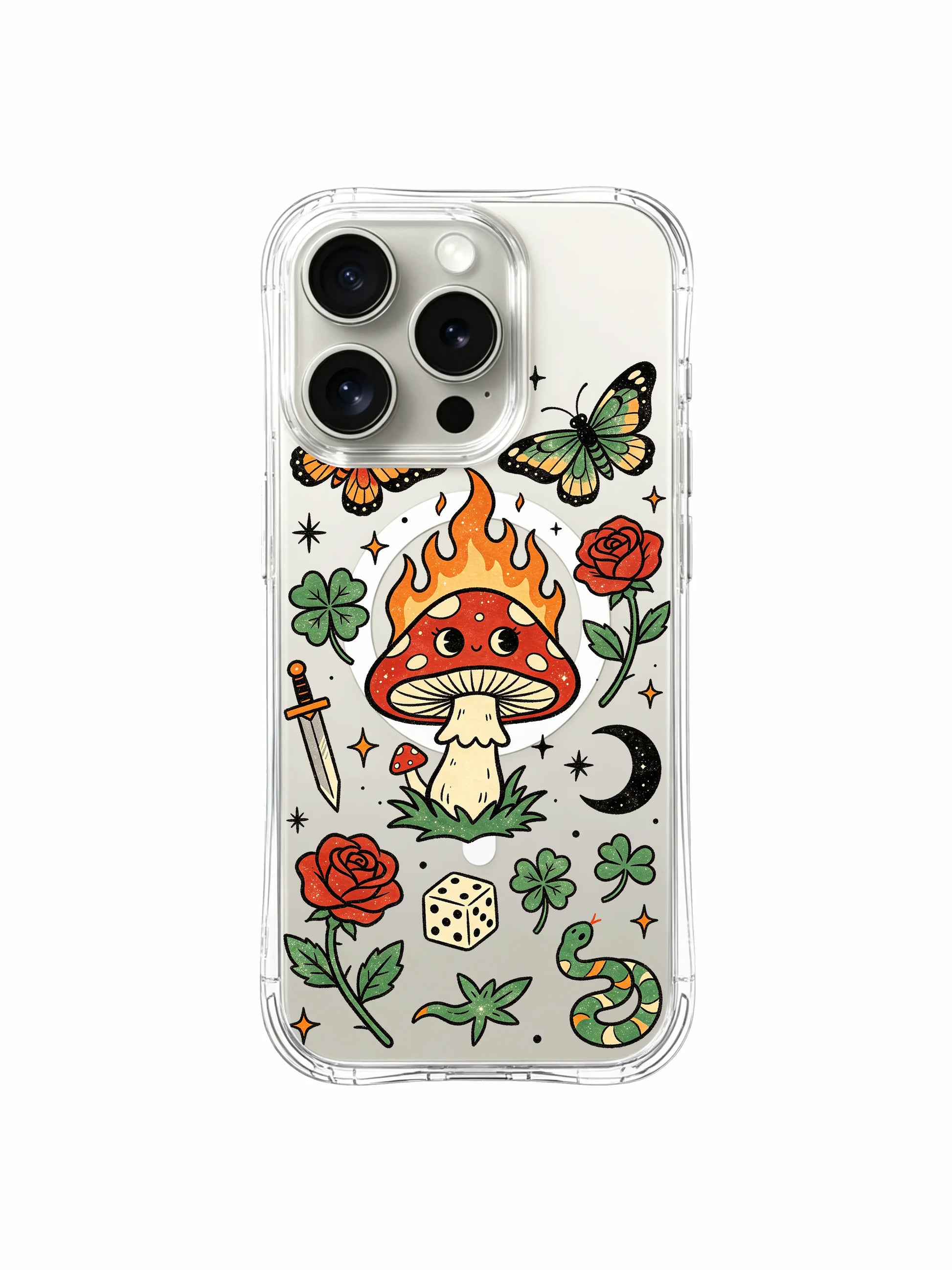 PhoneCasing iPhone 15 pro Case dual bottom daggers, crescent-moon-free design, red roses and varied dice around glowing shroom, anti-drop shock absorbing art iPhone 15 pro casing.