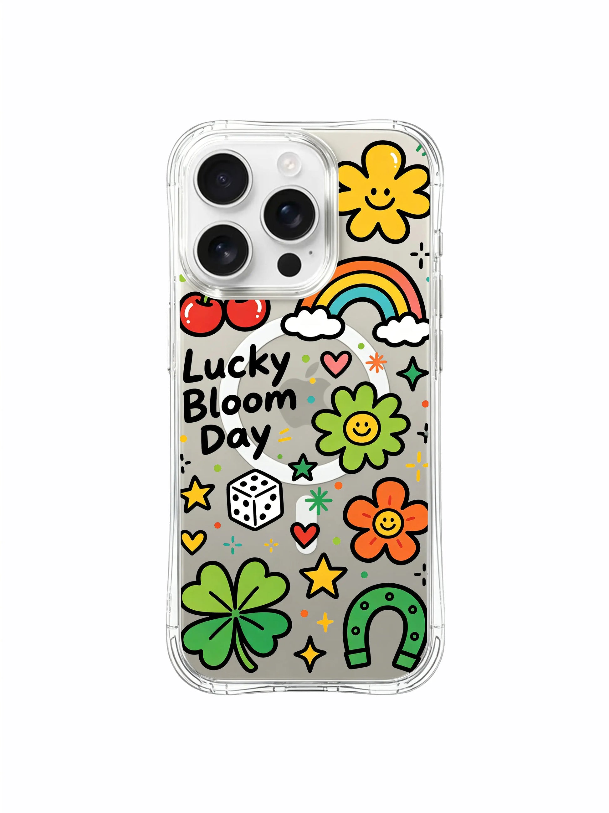 PhoneCasing iPhone 16 pro max anti-yellowing clear case with the full Lucky Bloom Day sticker collage, a wearable piece of art.