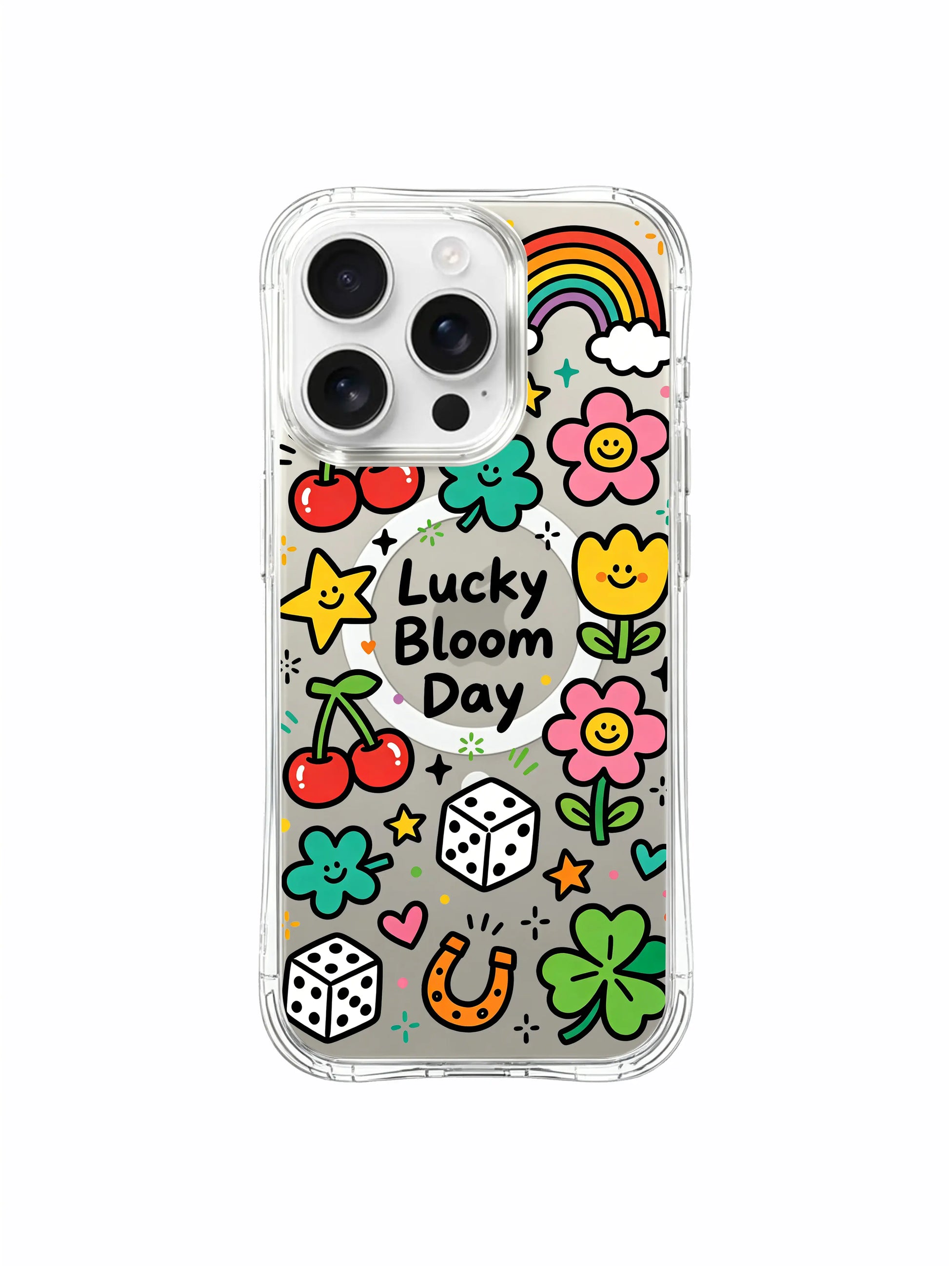 PhoneCasing iPhone 16 pro max clear MagSafe case with hand-drawn Lucky Bloom Day sticker art by Sunny Charm.