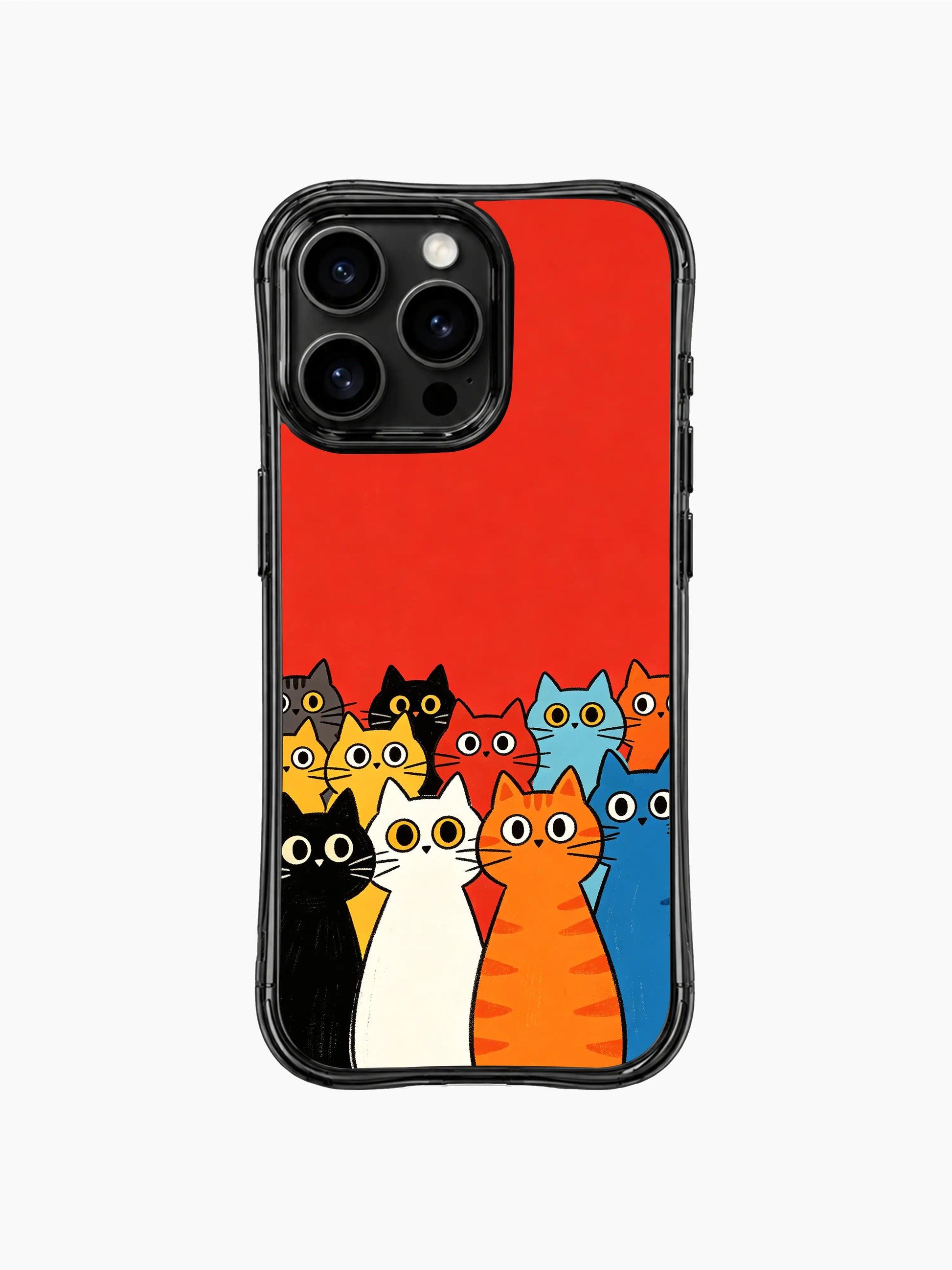 PhoneCasing iPhone 16 pro max anti-yellowing case featuring a joyful group of cats on a vivid red background.