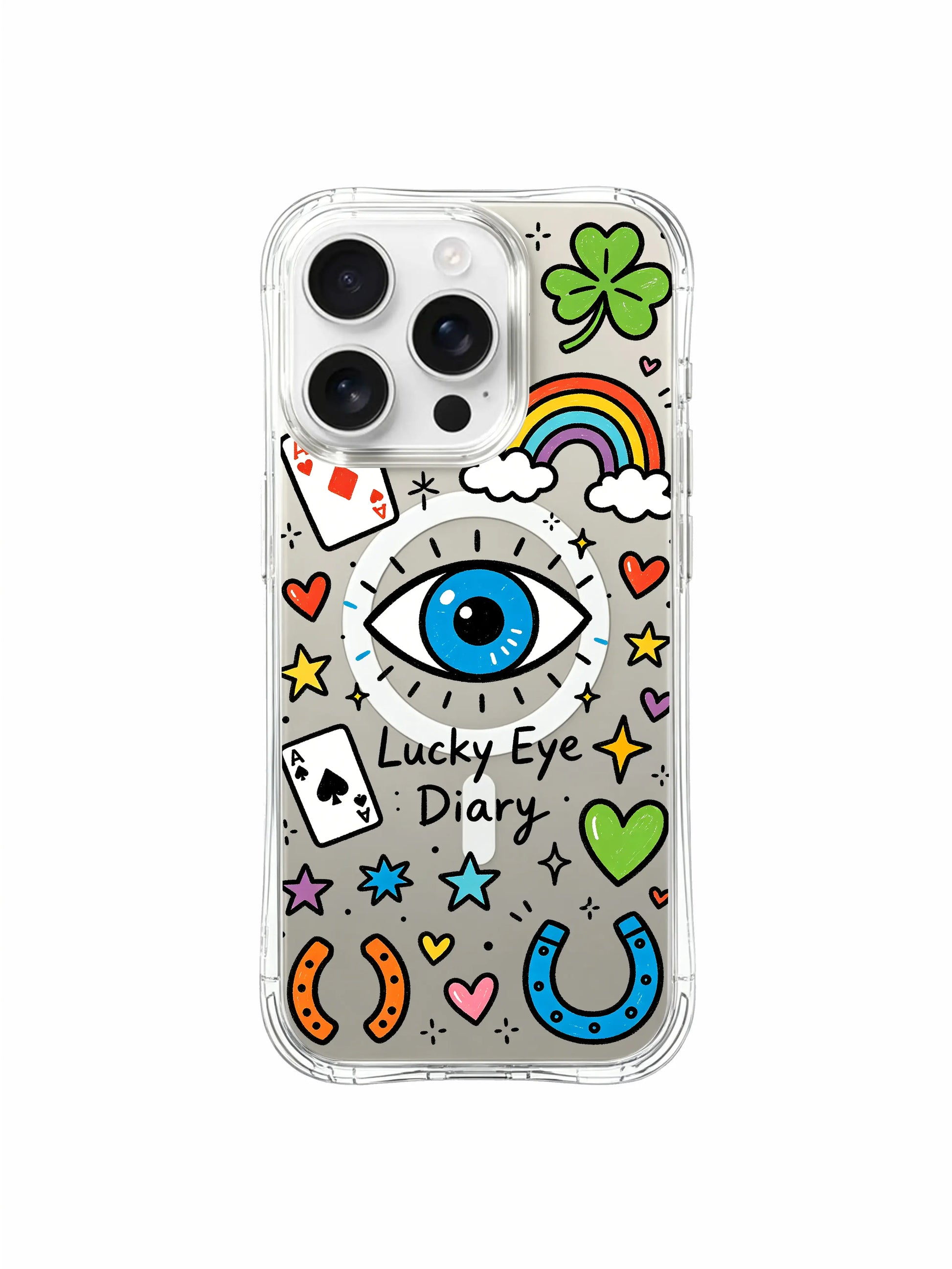 PhoneCasing iPhone 16 pro max scratch-proof case highlighting the antimicrobial gloss finish with the "Lucky Eye Diary" print.