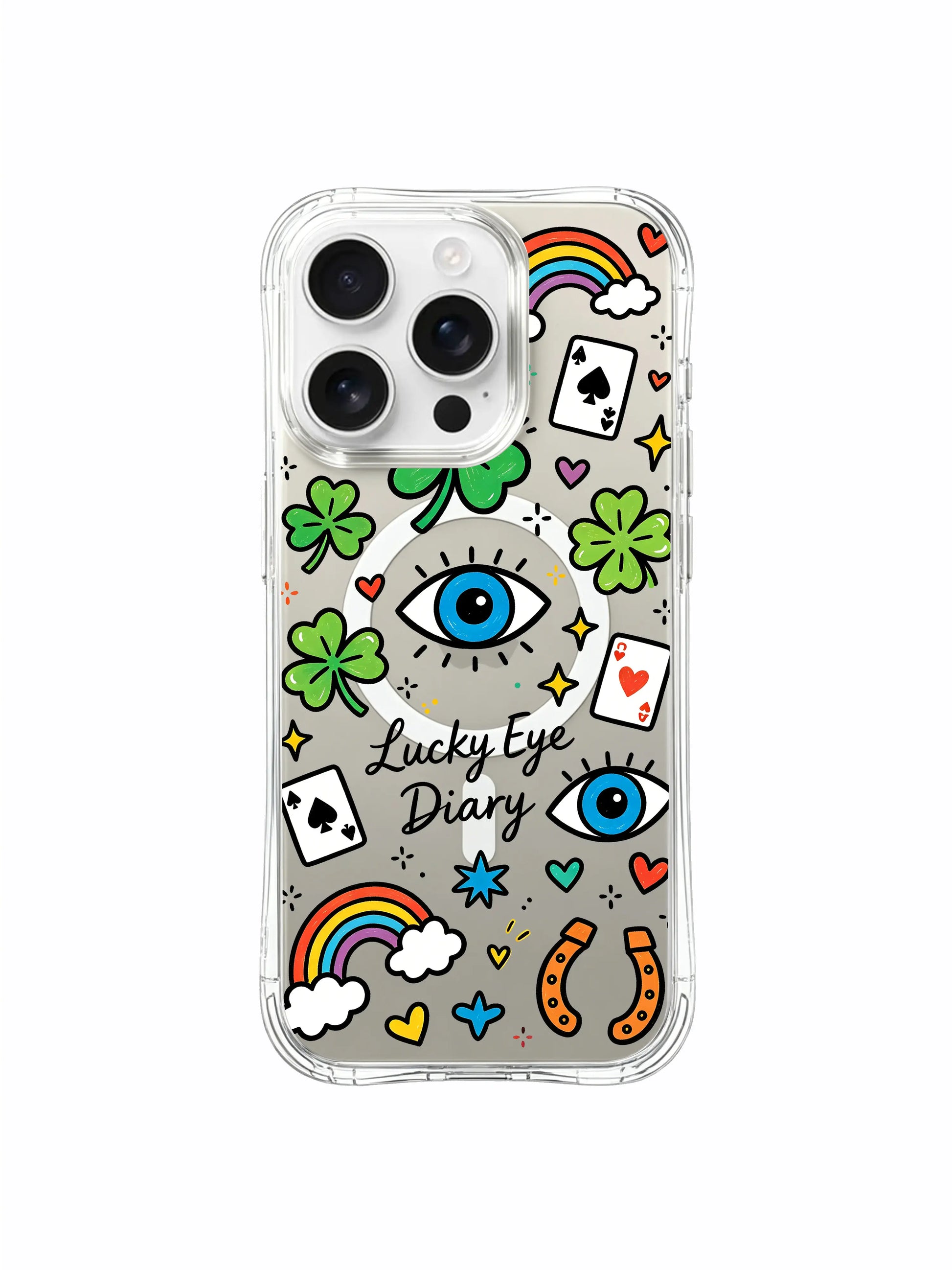PhoneCasing iPhone 16 pro max long-lasting anti-yellowing case with the bold "Lucky Eye Diary" doodles in bright green, blue, and yellow hues.