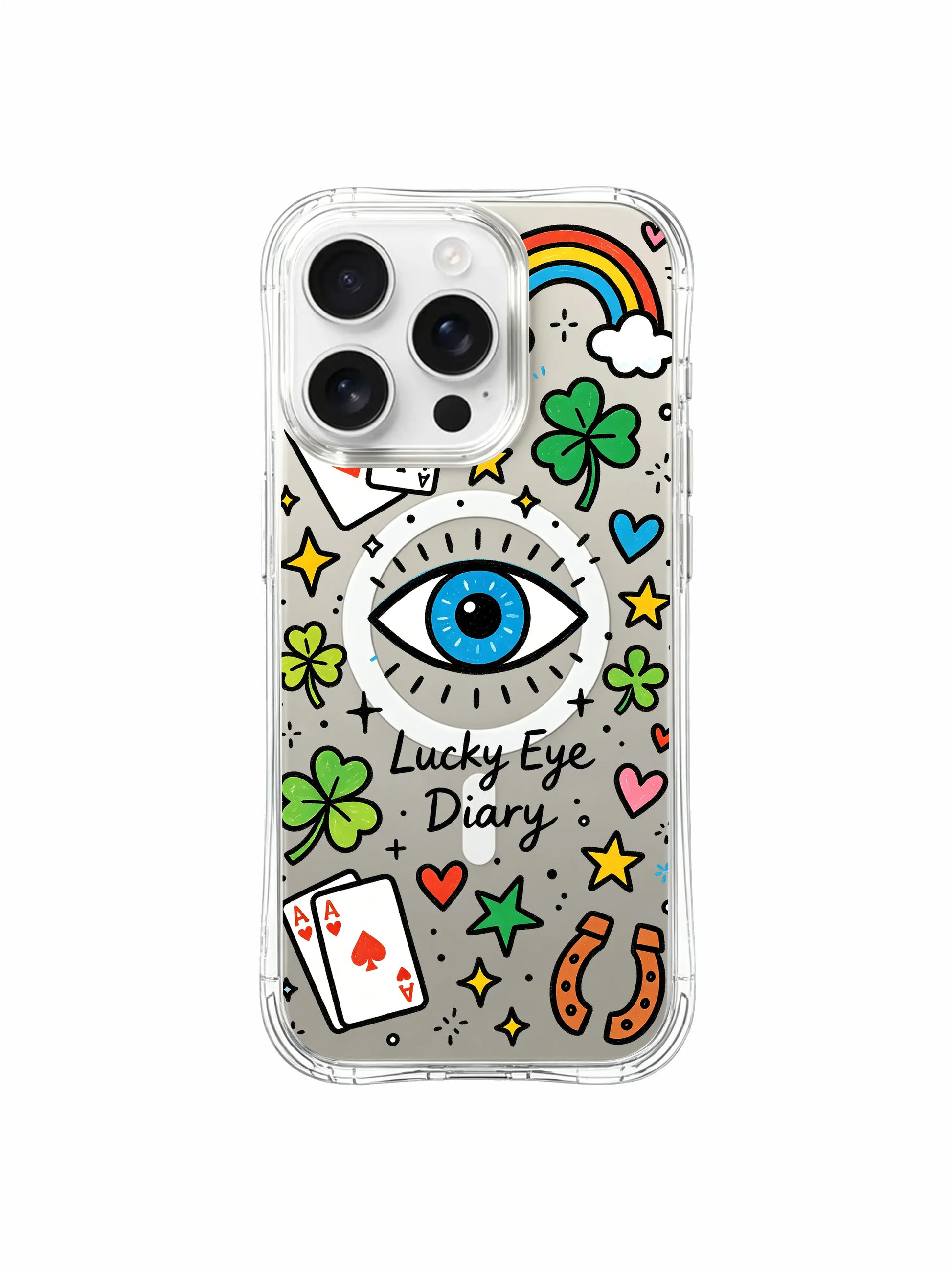 PhoneCasing iPhone 16 pro max daily drop-protective case in use, showing the "Lucky Eye Diary" design from different angles.