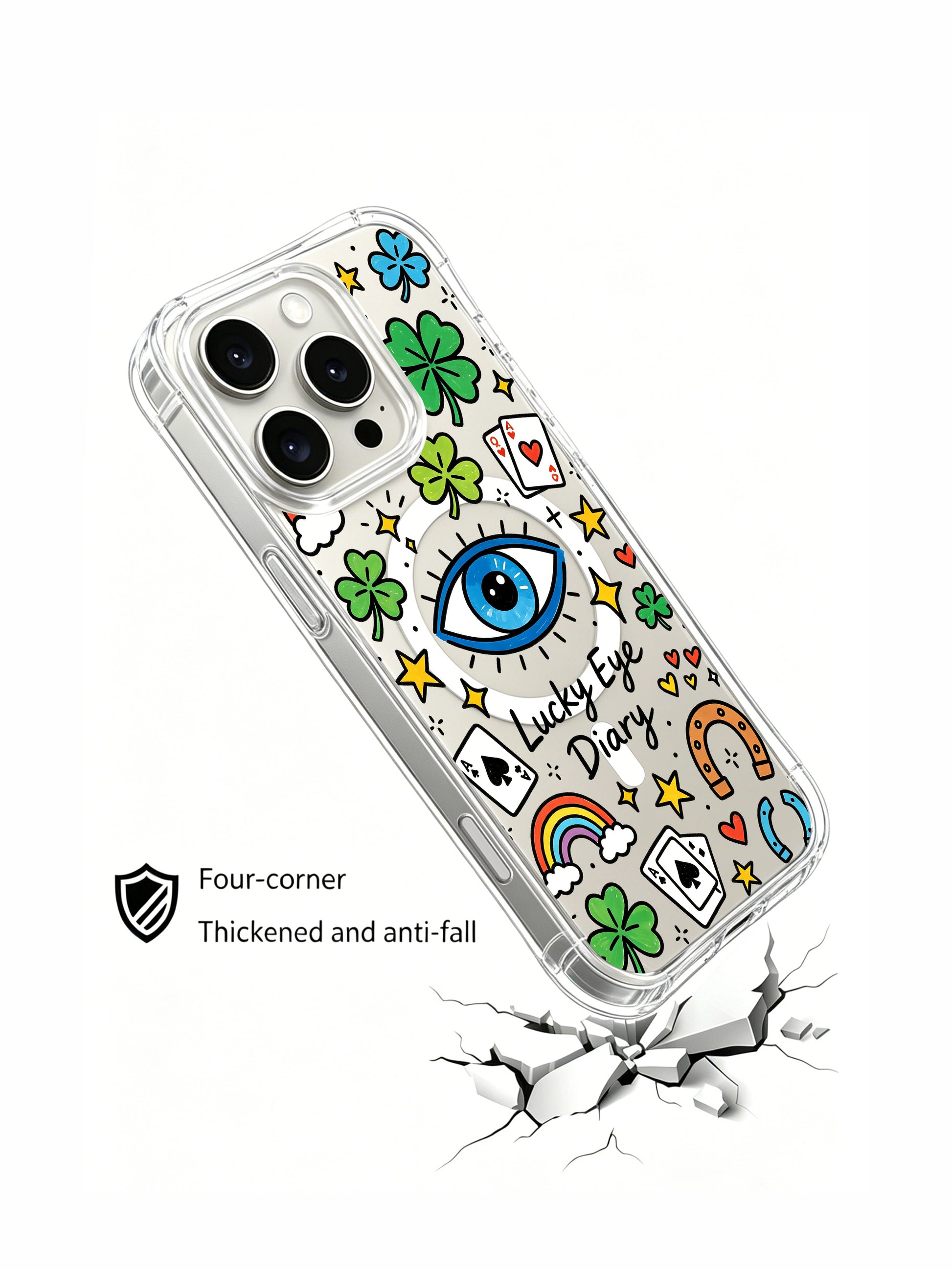 PhoneCasing iPhone 16 pro max case undergoing drop test, demonstrating reinforced corners with the lucky eye design still intact.