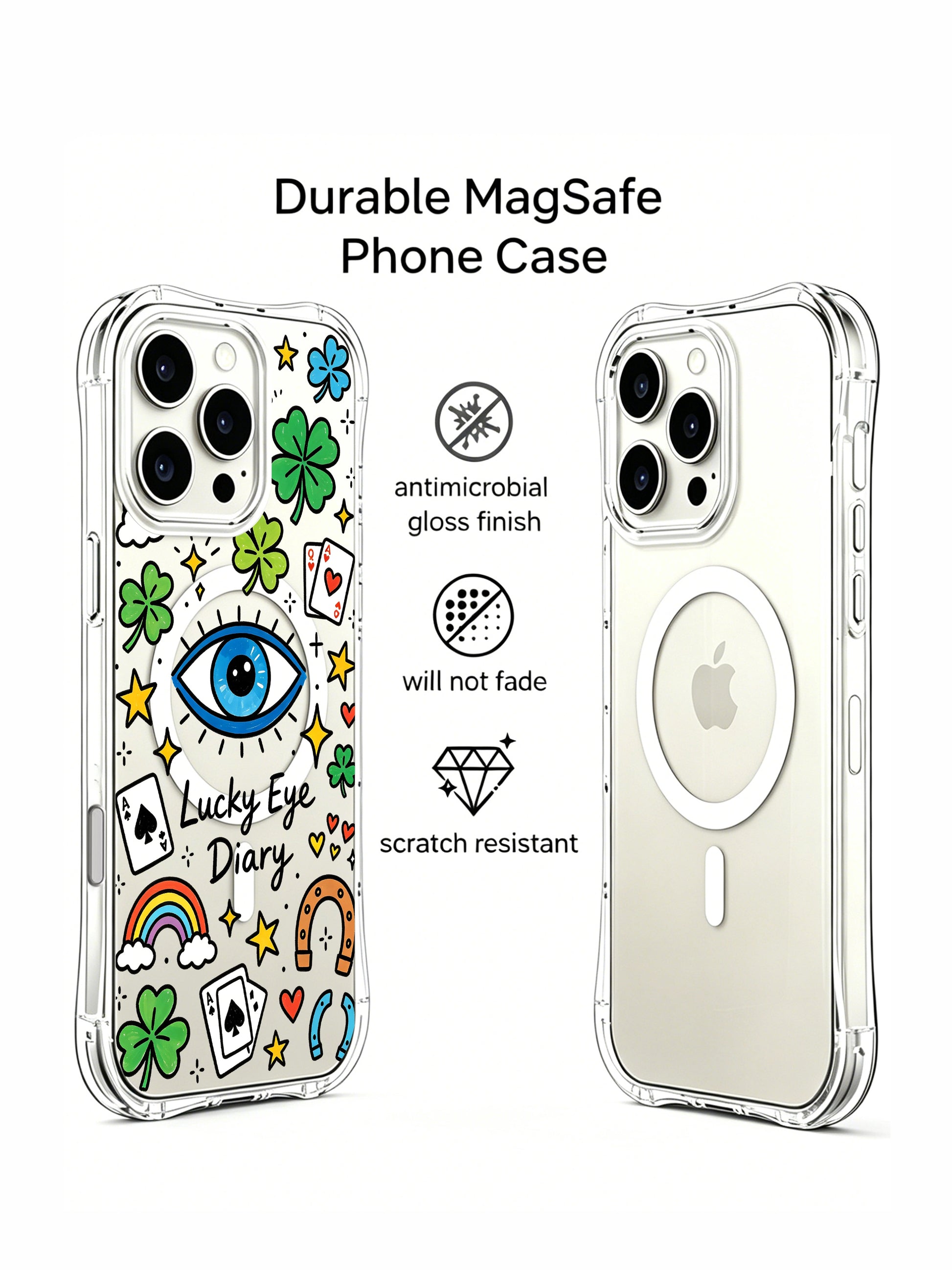 PhoneCasing iPhone 16 pro max case front and back view, showcasing the "Lucky Eye Diary" print and scratch-resistant clear finish.