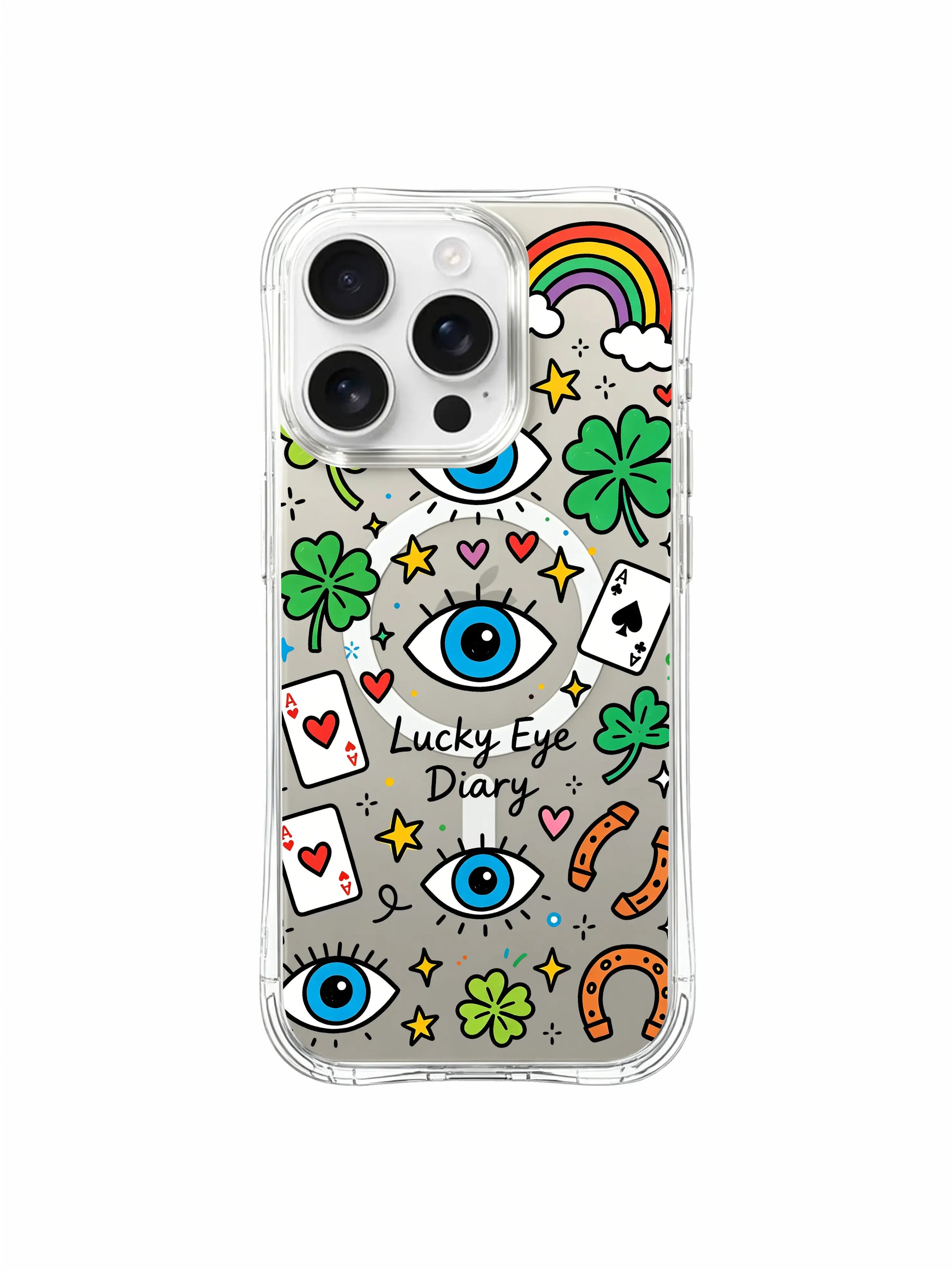 PhoneCasing iPhone 16 pro max all-around protective case showing the complete "Lucky Eye Diary" design from front, back and side views.