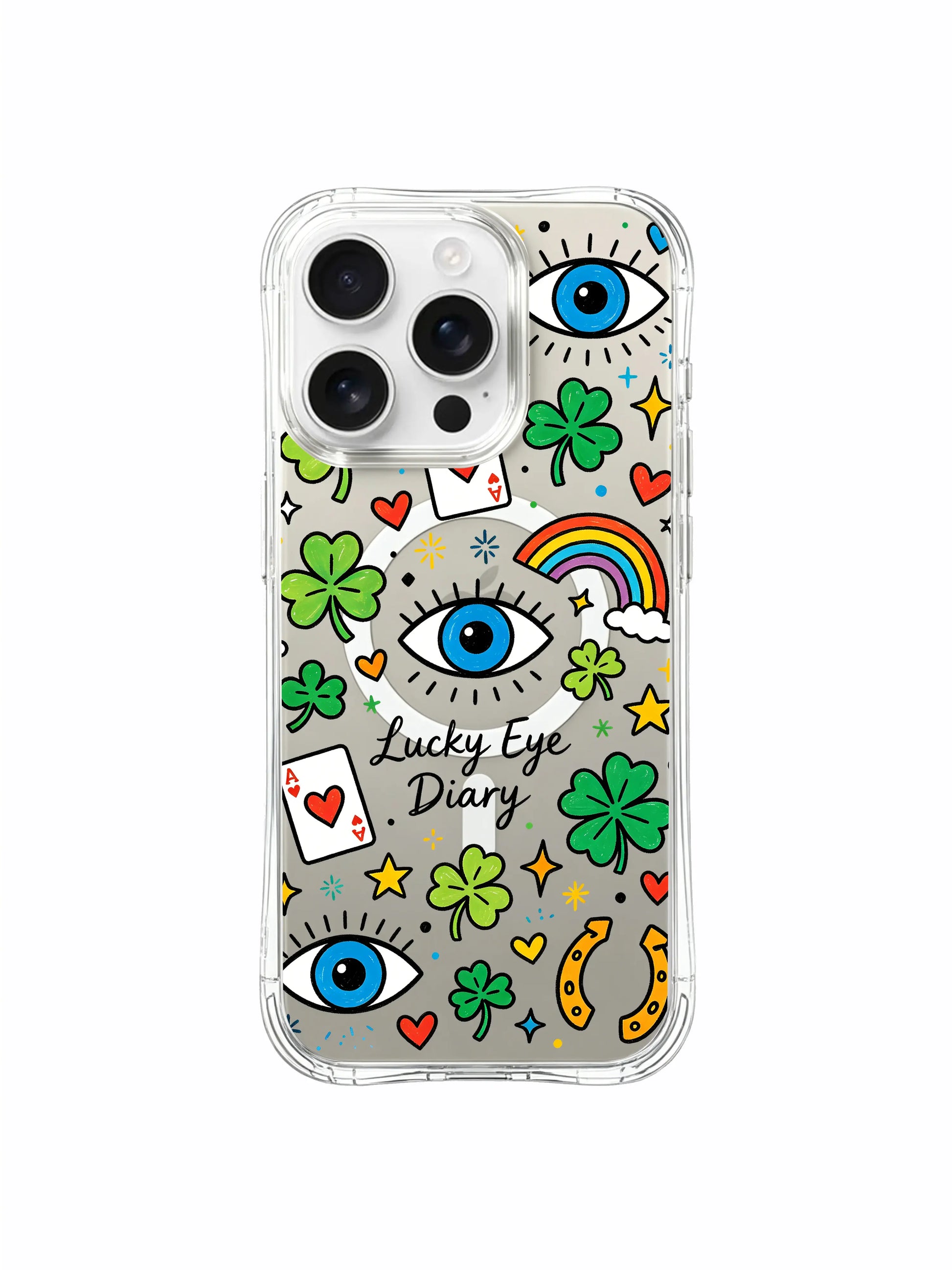 PhoneCasing iPhone 16 pro max gift-ready MagSafe case with the "Lucky Eye Diary" design, perfect for anyone who loves whimsical lucky charm art.