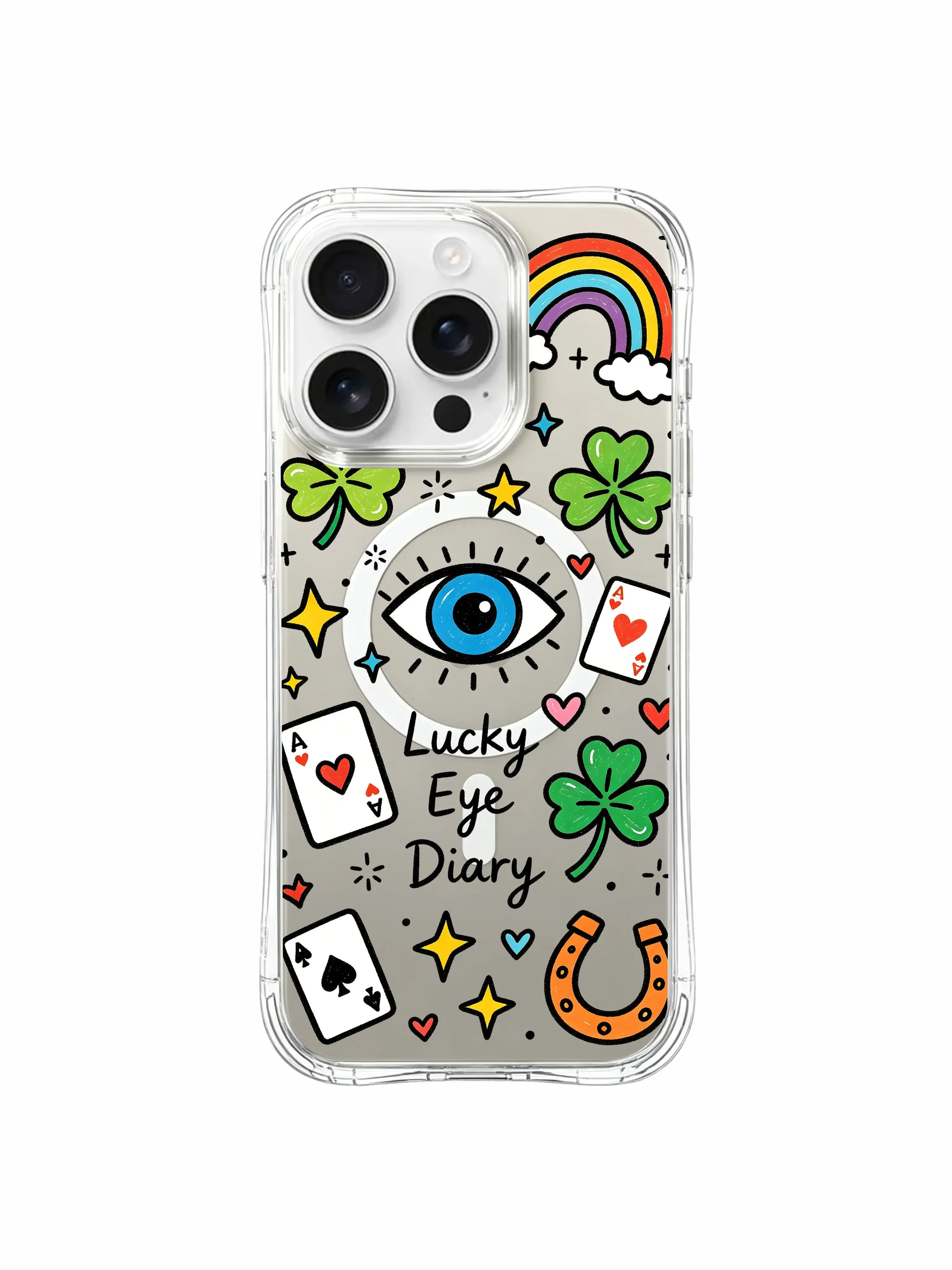 PhoneCasing iPhone 16 pro max non-slip grip case showing the textured edges and the "Lucky Eye Diary" design in close-up.