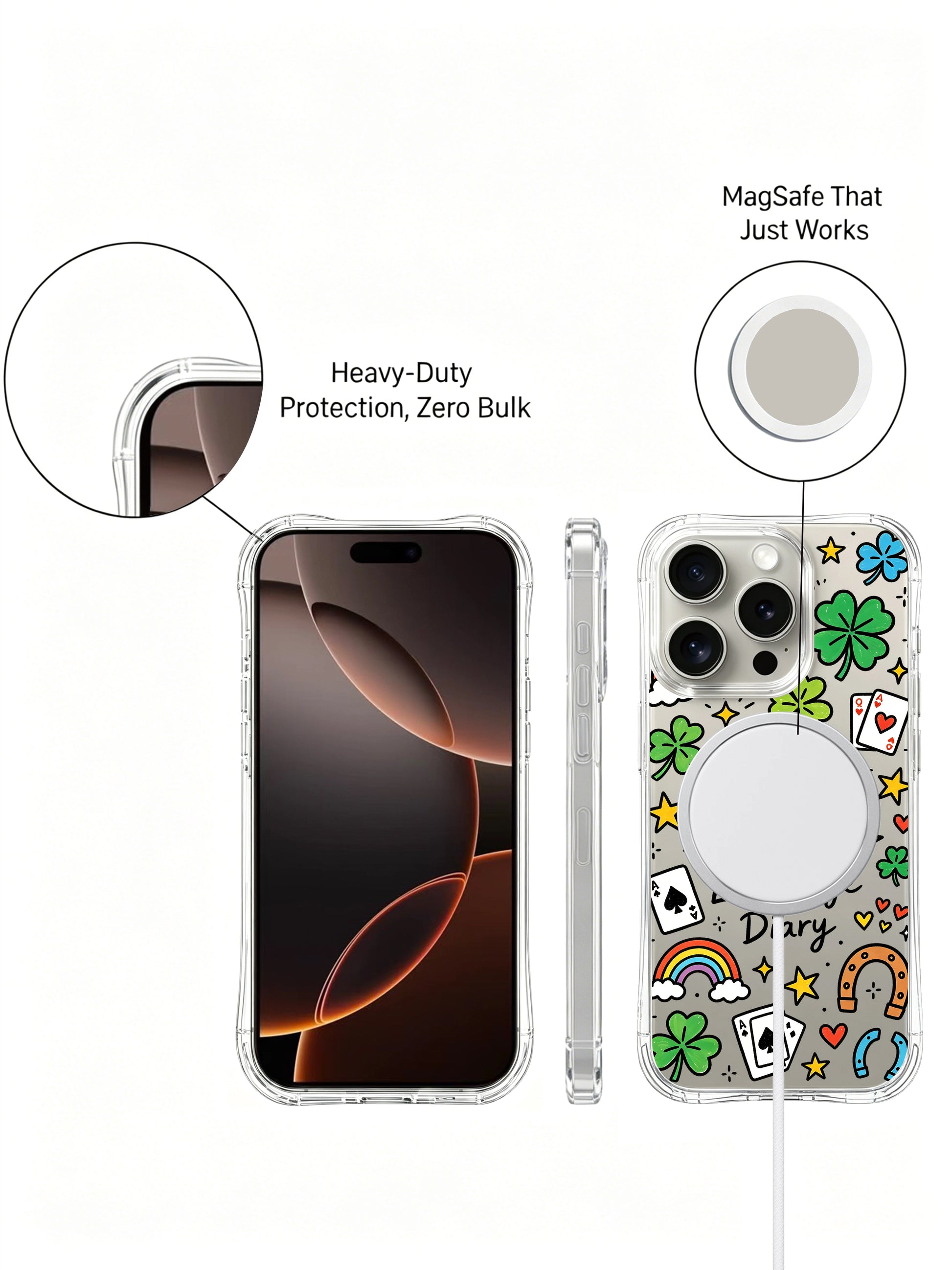 PhoneCasing iPhone 16 pro max case being held in a hand, showing the full "Lucky Eye Diary" design against a neutral background.
