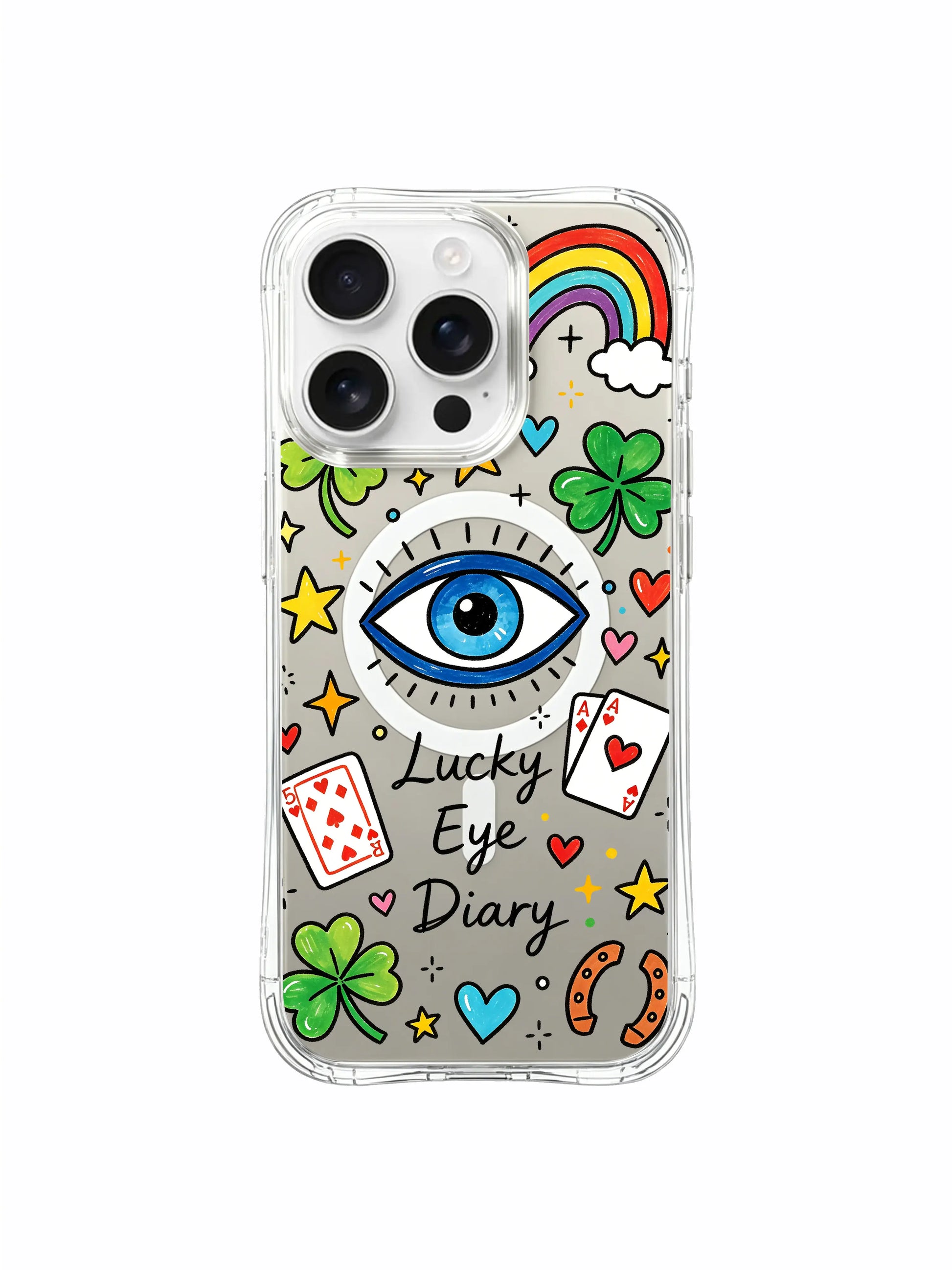 PhoneCasing iPhone 16 pro max drop-proof MagSafe case with horseshoe and lucky eye doodles from the "Lucky Eye Diary" design, perfect for charm lovers.