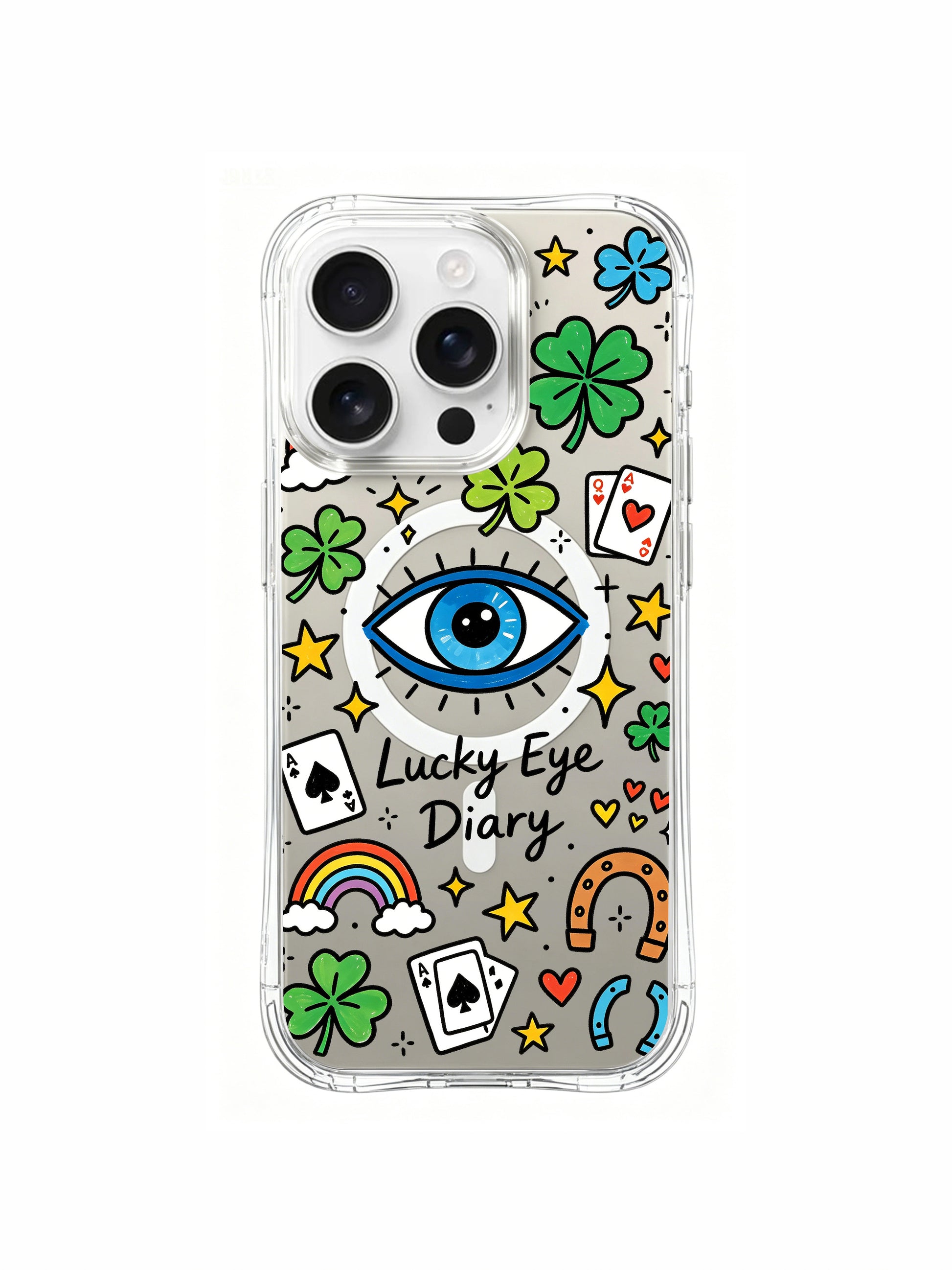 PhoneCasing iPhone 16 pro max MagSafe case featuring the "Lucky Eye Diary" design, with evil eye, four-leaf clover, rainbow, and playing card doodles, plus anti-drop protection.