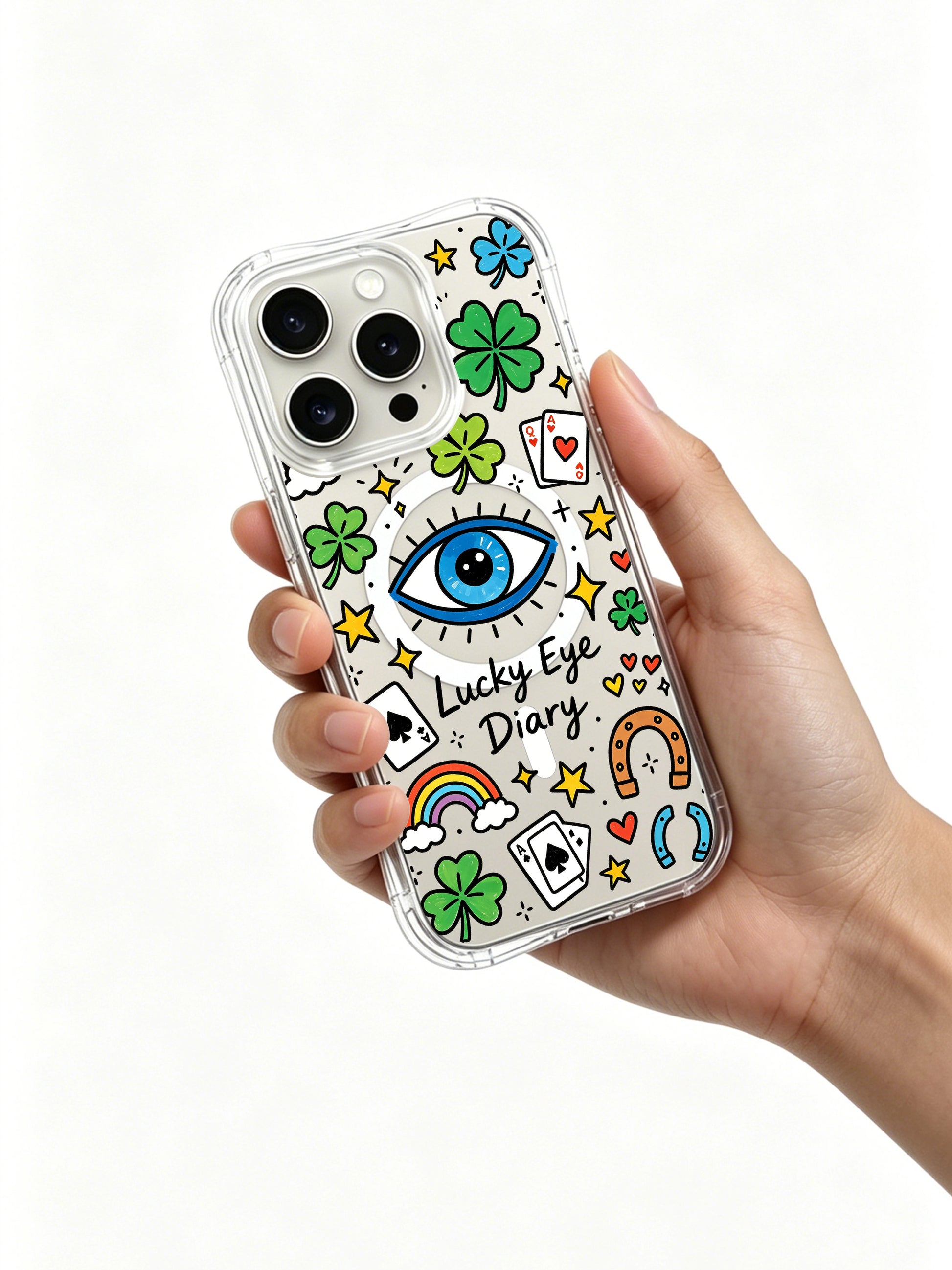 PhoneCasing iPhone 16 pro max case in an outdoor lifestyle shot, with the "Lucky Eye Diary" print clearly visible on the clear cover.