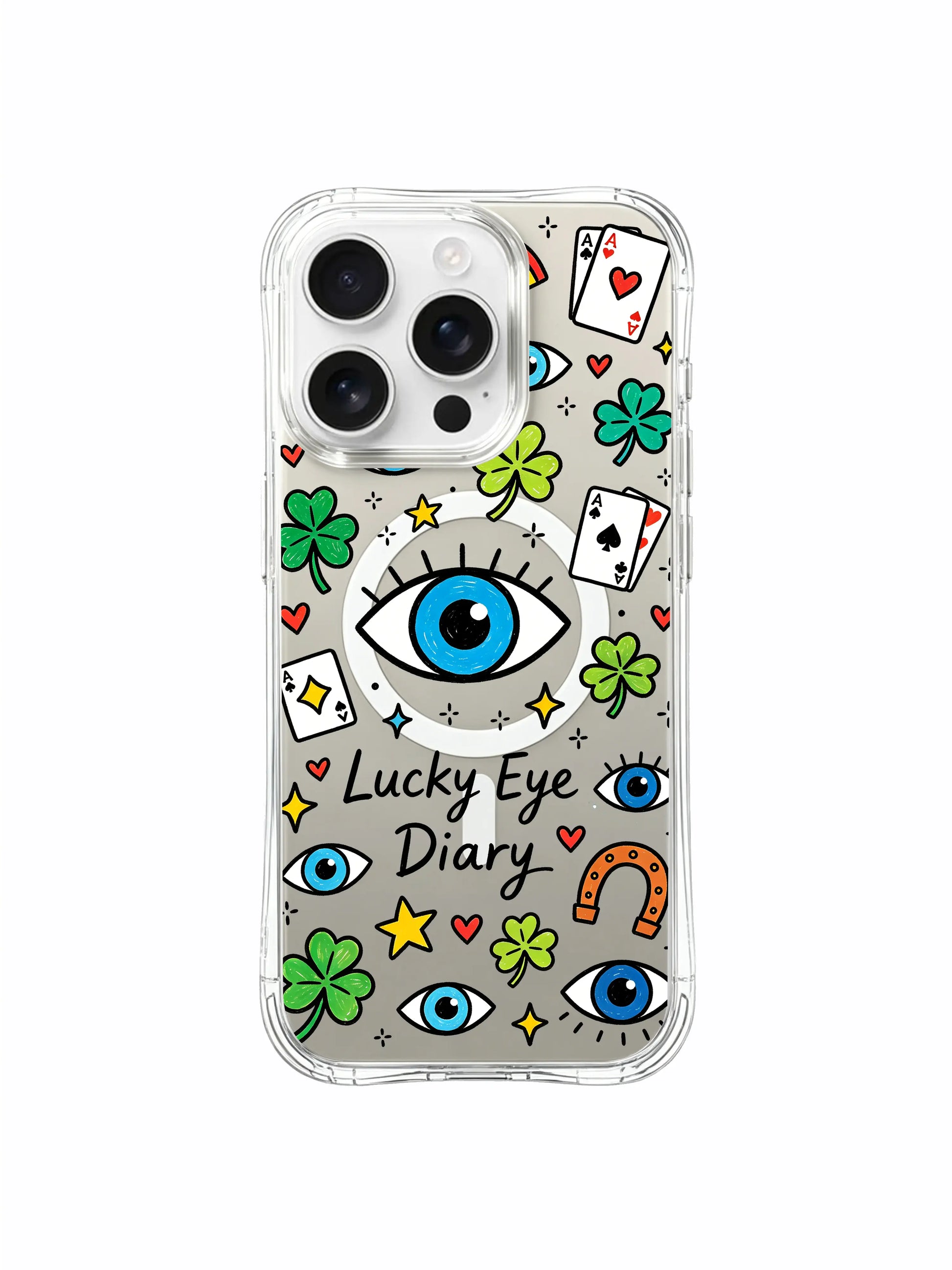 PhoneCasing iPhone 16 pro max case connected to MagSafe charger, with the "Lucky Eye Diary" doodles clearly visible around the charging ring.