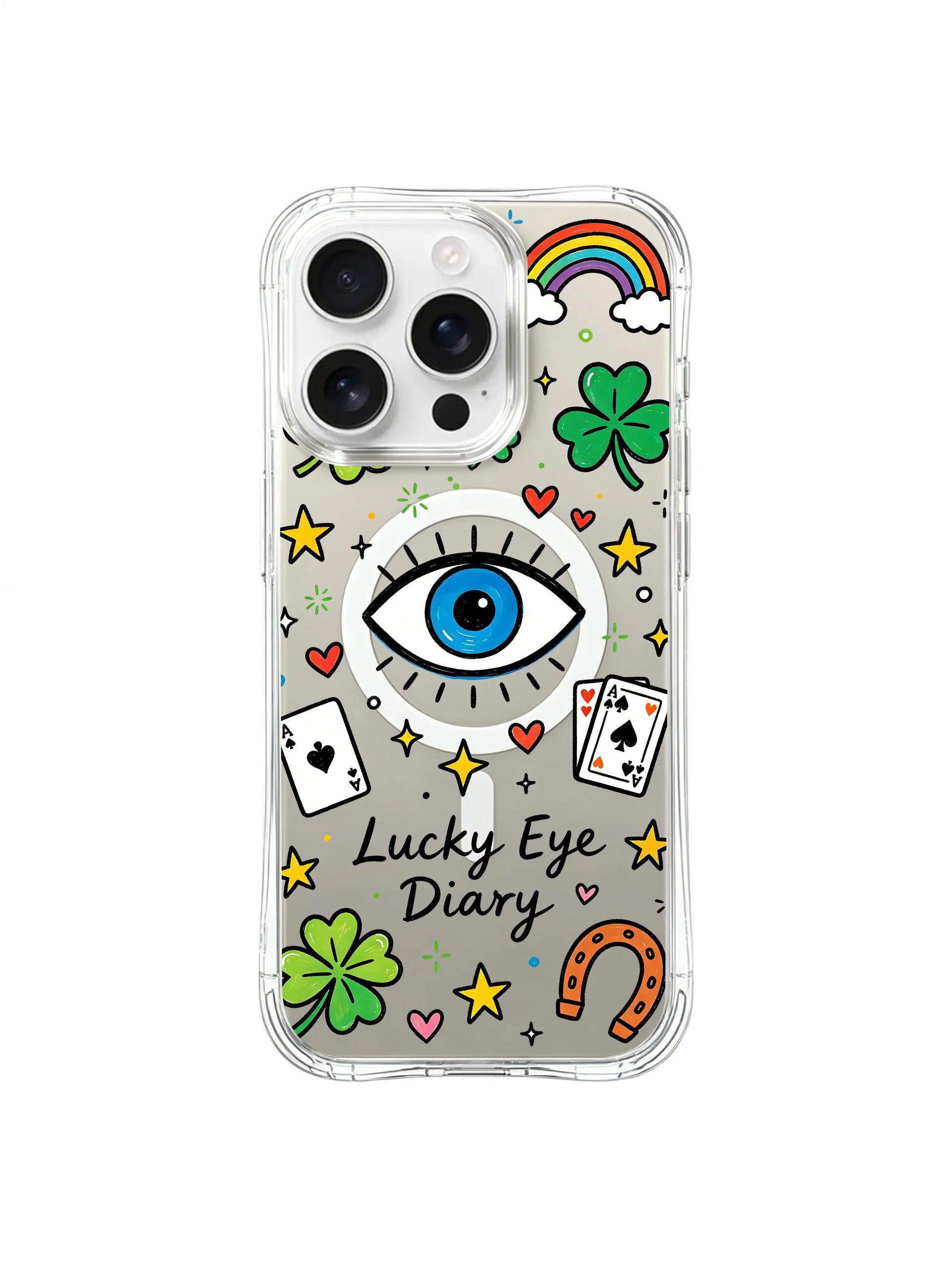 PhoneCasing iPhone 16 pro max clear MagSafe case showing the reflective surface with the "Lucky Eye Diary" design mirrored on the back.