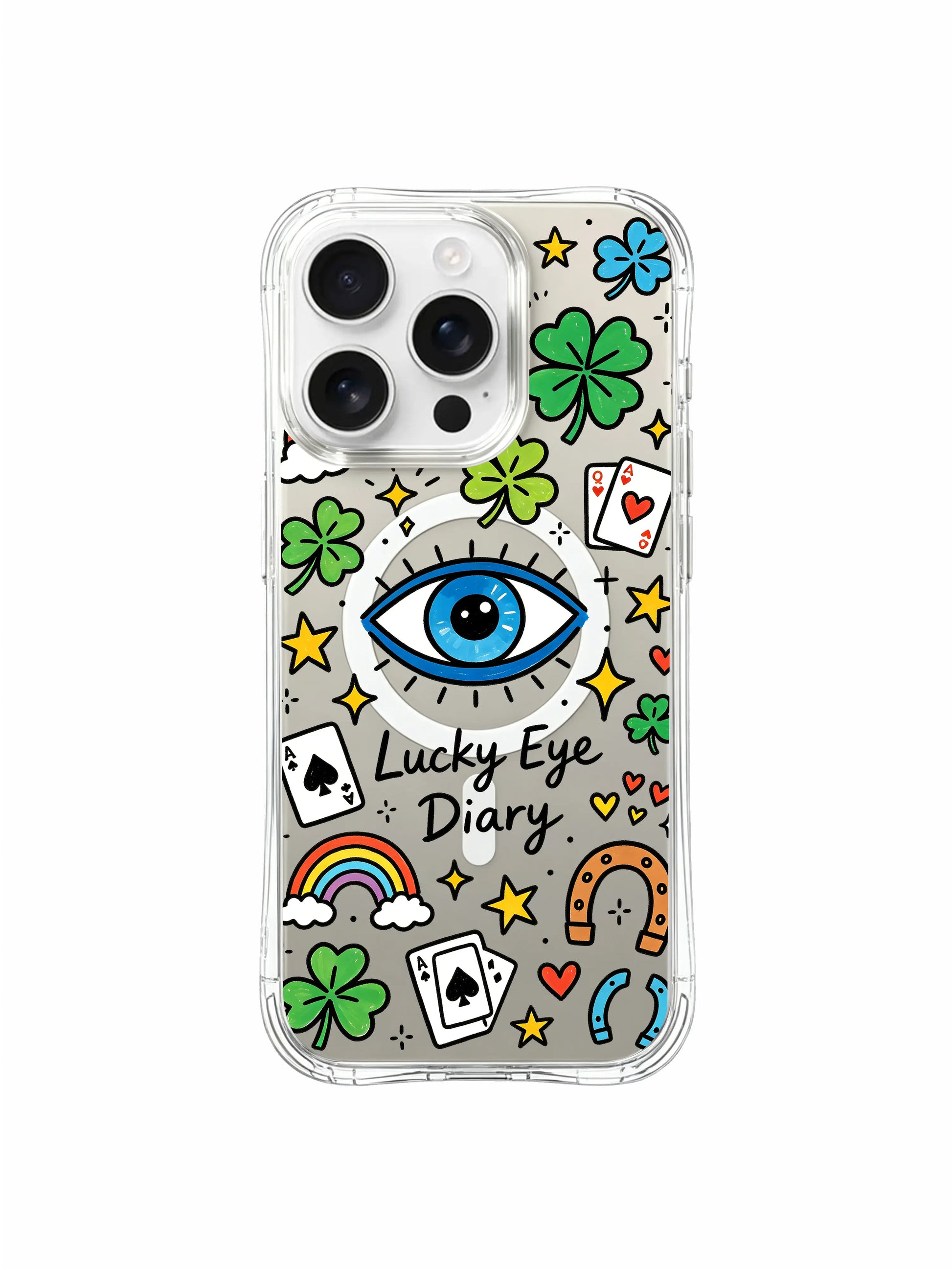 PhoneCasing iPhone 16 pro max scratch-resistant protective case with playing card and star elements of the "Lucky Eye Diary" design.