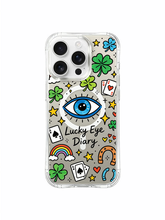 PhoneCasing iPhone 16 pro max scratch-resistant protective case with playing card and star elements of the "Lucky Eye Diary" design.