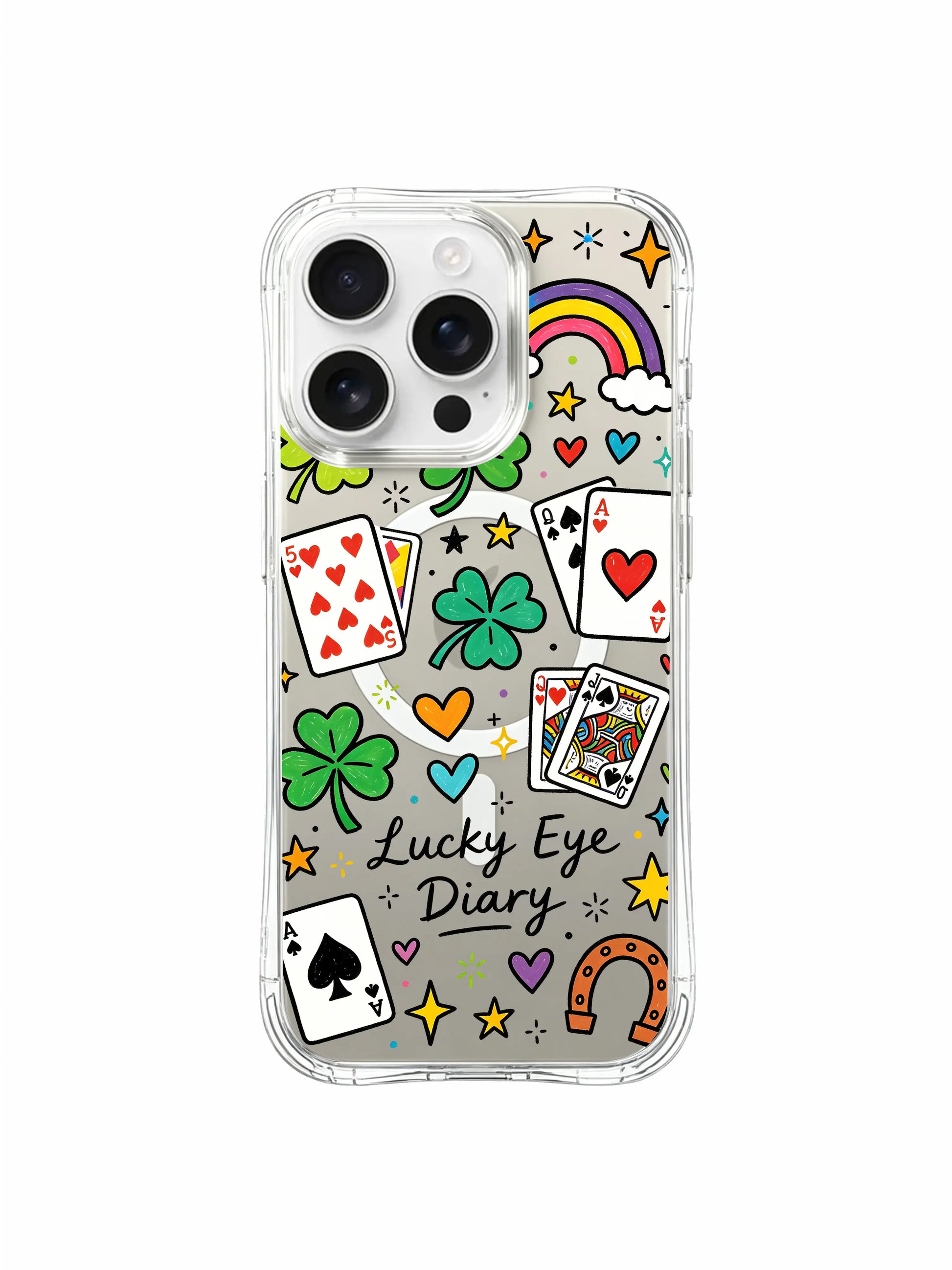 PhoneCasing iPhone 16 pro max shock-absorbent case showcasing the four-corner anti-drop protection with the "Lucky Eye Diary" print.