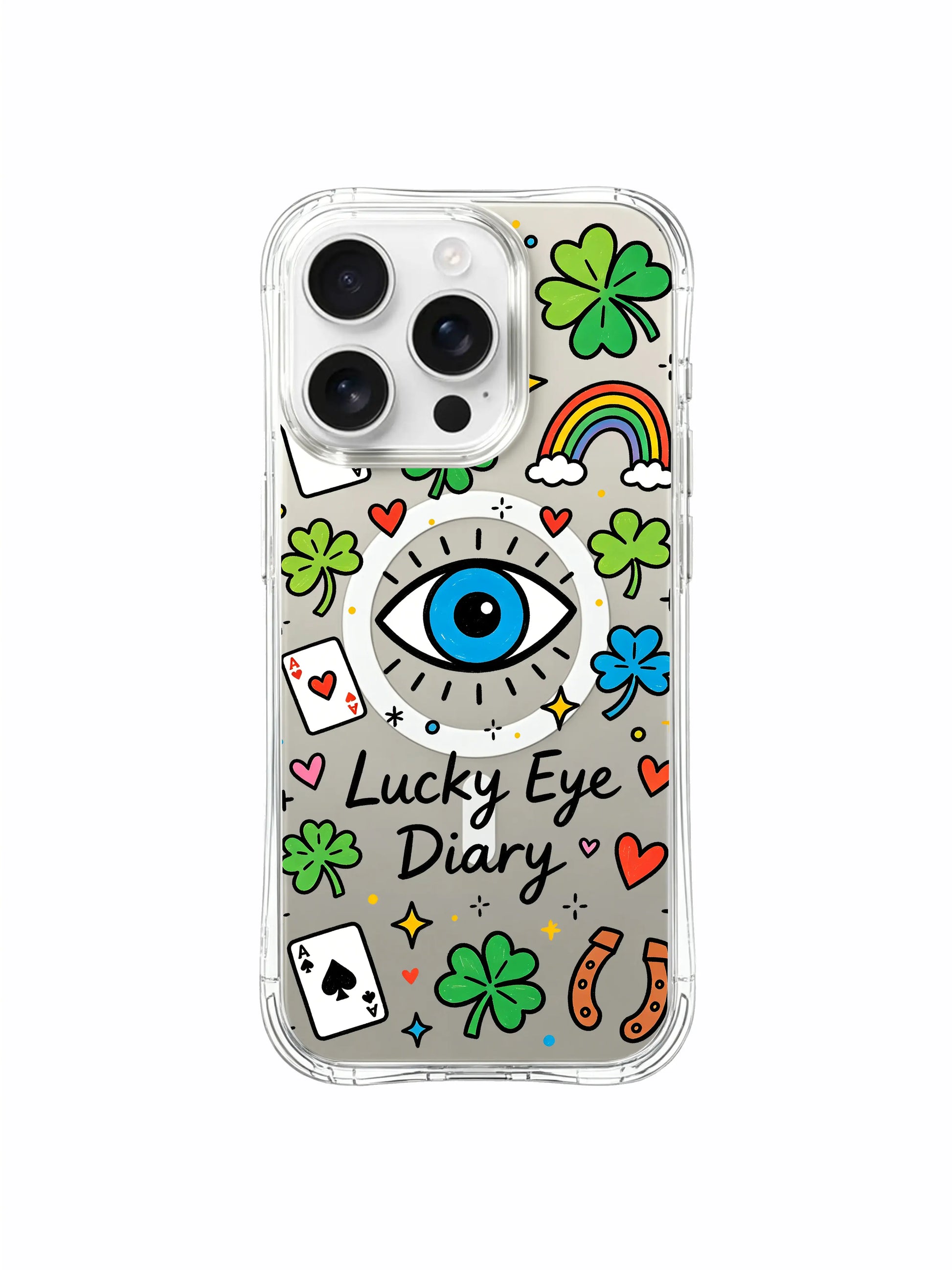 PhoneCasing iPhone 16 pro max slim ergonomic case with the full "Lucky Eye Diary" collage of evil eye, clovers, stars, and playing cards.