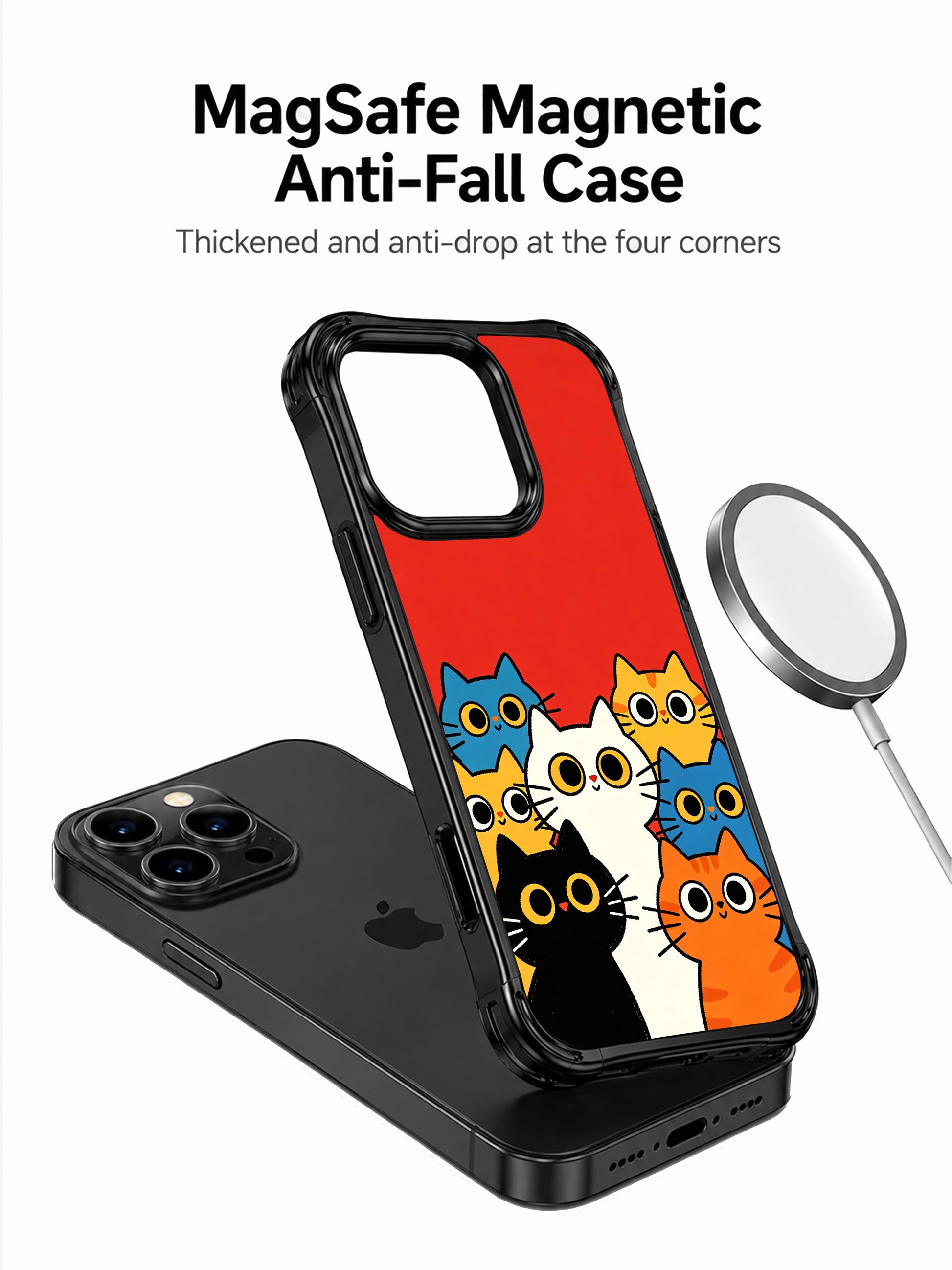 PhoneCasing iPhone 16 pro max MagSafe case with a cheerful design of lucky cats peeking over a bright red backdrop.
