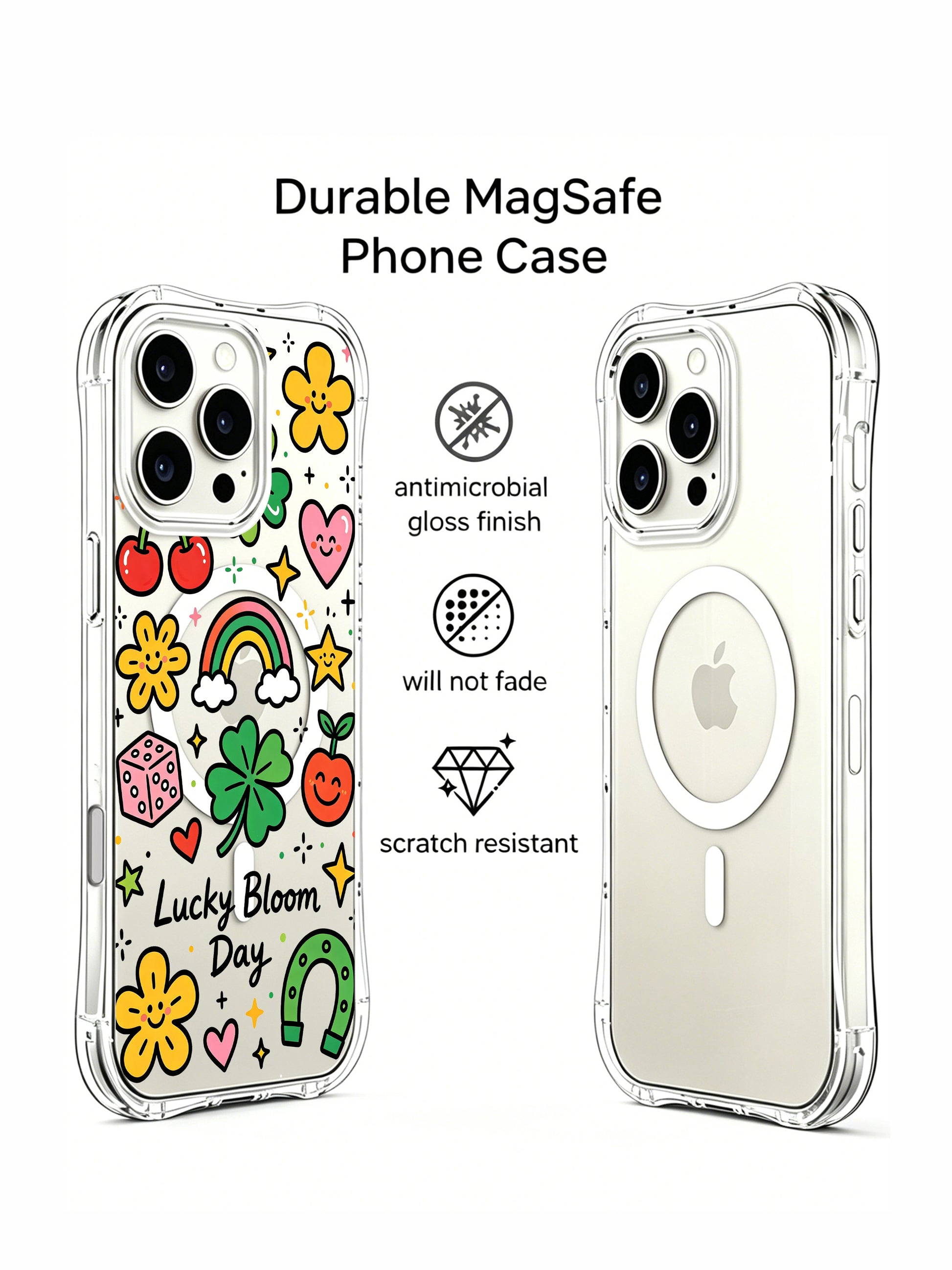 PhoneCasing iPhone 16 pro max anti-yellowing clear case with colorful lucky symbols, stars, hearts and rainbows by Sunny Charm.