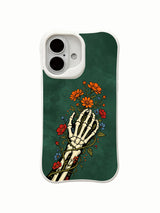 PhoneCasing lush orange cosmos assorted wildflower vintage skeleton hand art iPhone 16 Case, old-world goth inspired drop-proof flexible iPhone 16 casing
