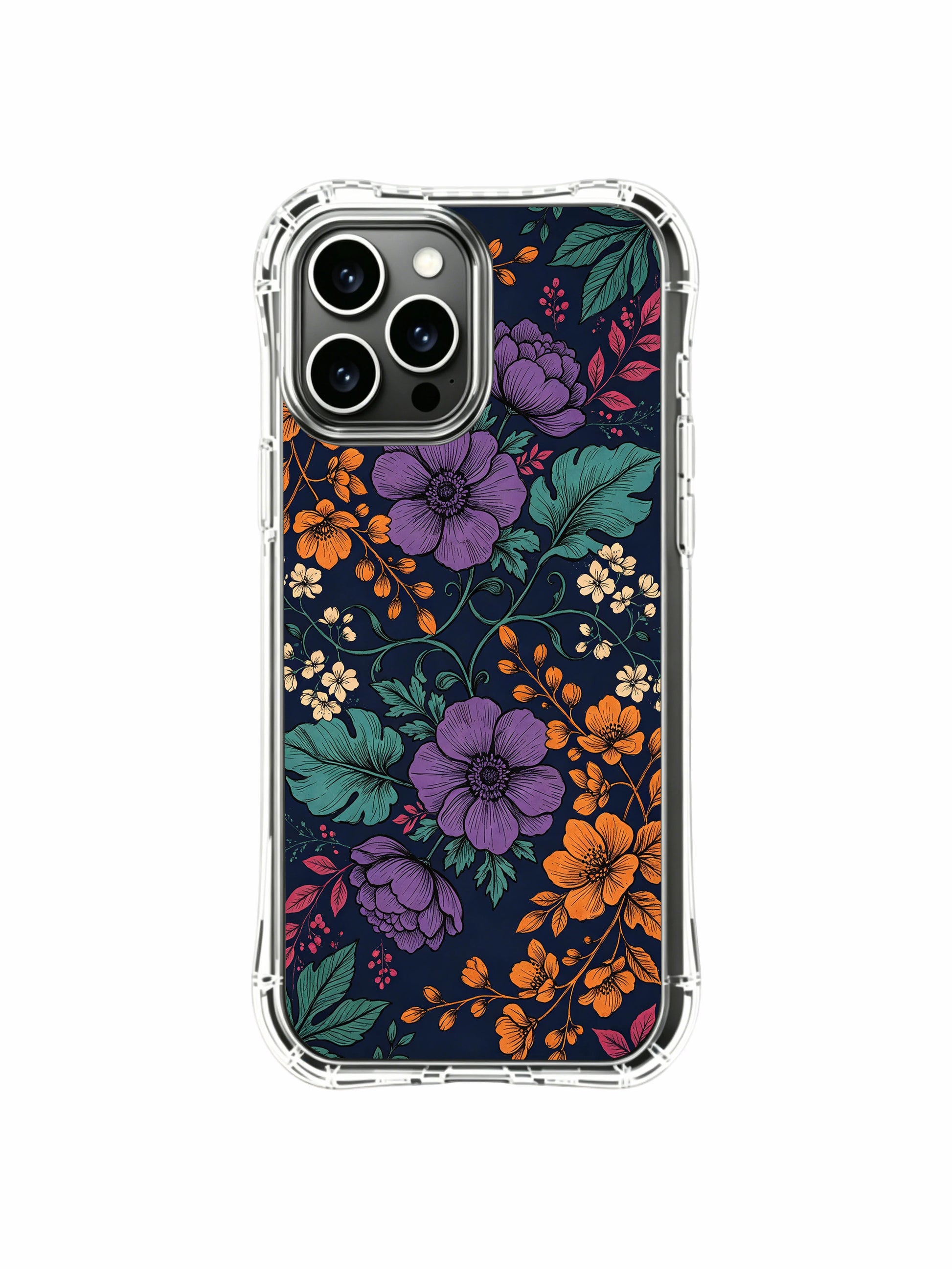 PhoneCasing iPhone 16 Pro Max Case with lush dark botanical art. Purple, gold and teal flowers, scratch-resistant and durable case.