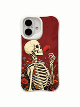 PhoneCasing lush red poppy & mixed wildflower vintage skeleton art iPhone 16 Case, old-world goth inspired drop-proof flexible iPhone 16 casing