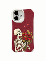 Skeleton with red roses and daisies on an iPhone 16 case