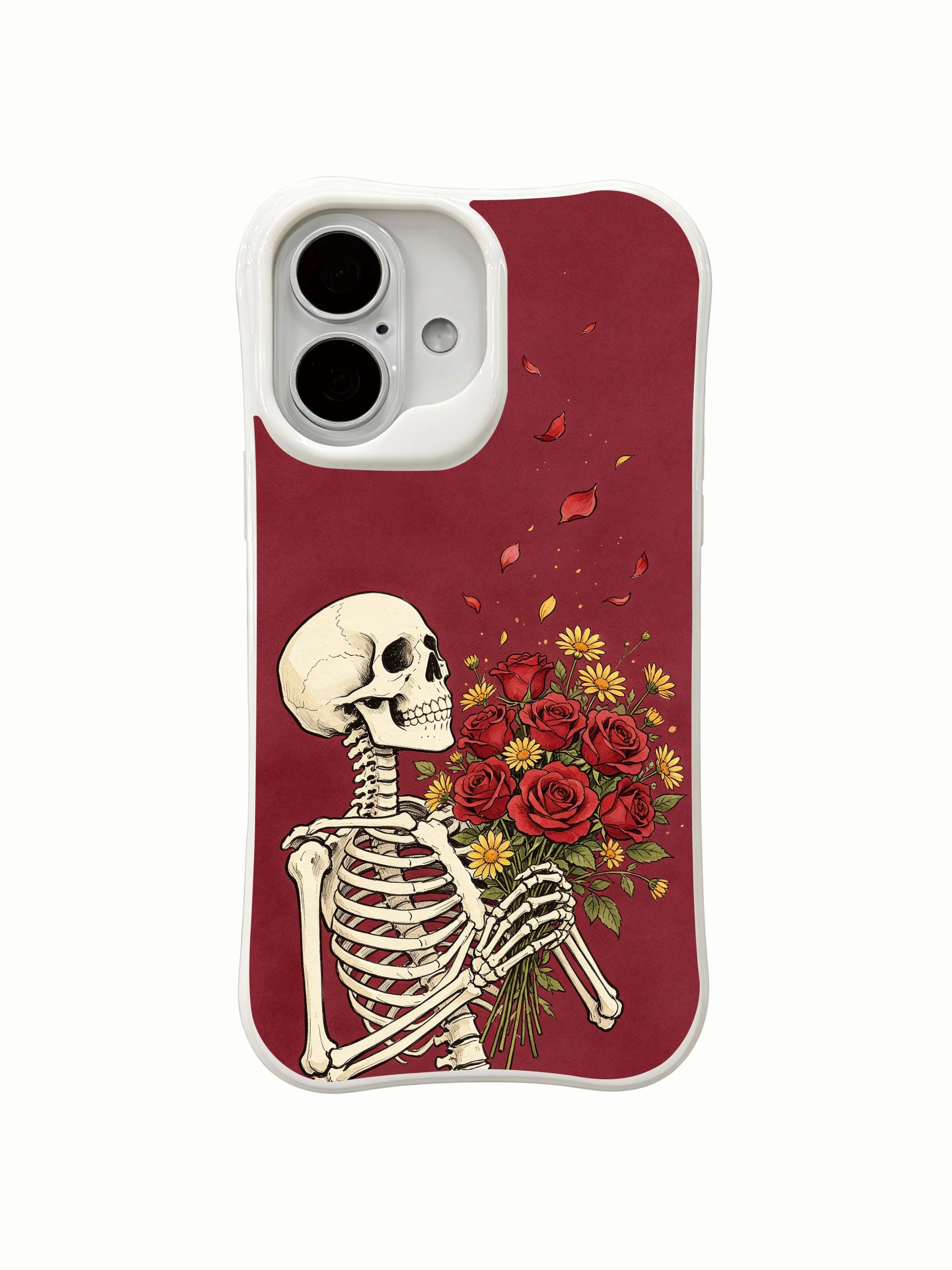 PhoneCasing lush red rose & daisy vintage skeleton art iPhone 16 Case, old-world goth inspired drop-proof flexible iPhone 16 casing