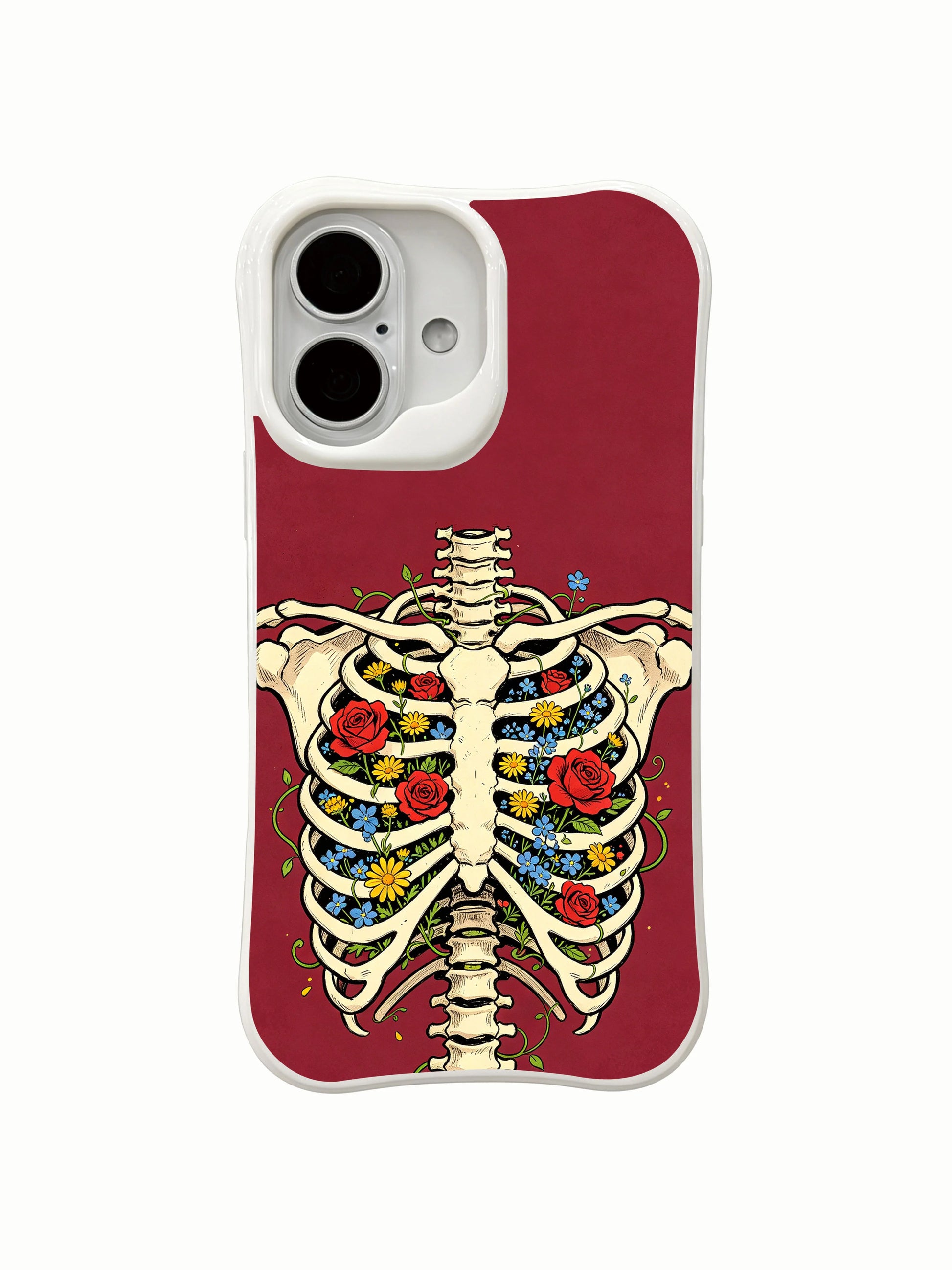 PhoneCasing lush red rose daisy blue wildflower vintage ribcage art iPhone 16 Case, old-world goth inspired drop-proof flexible iPhone 16 casing
