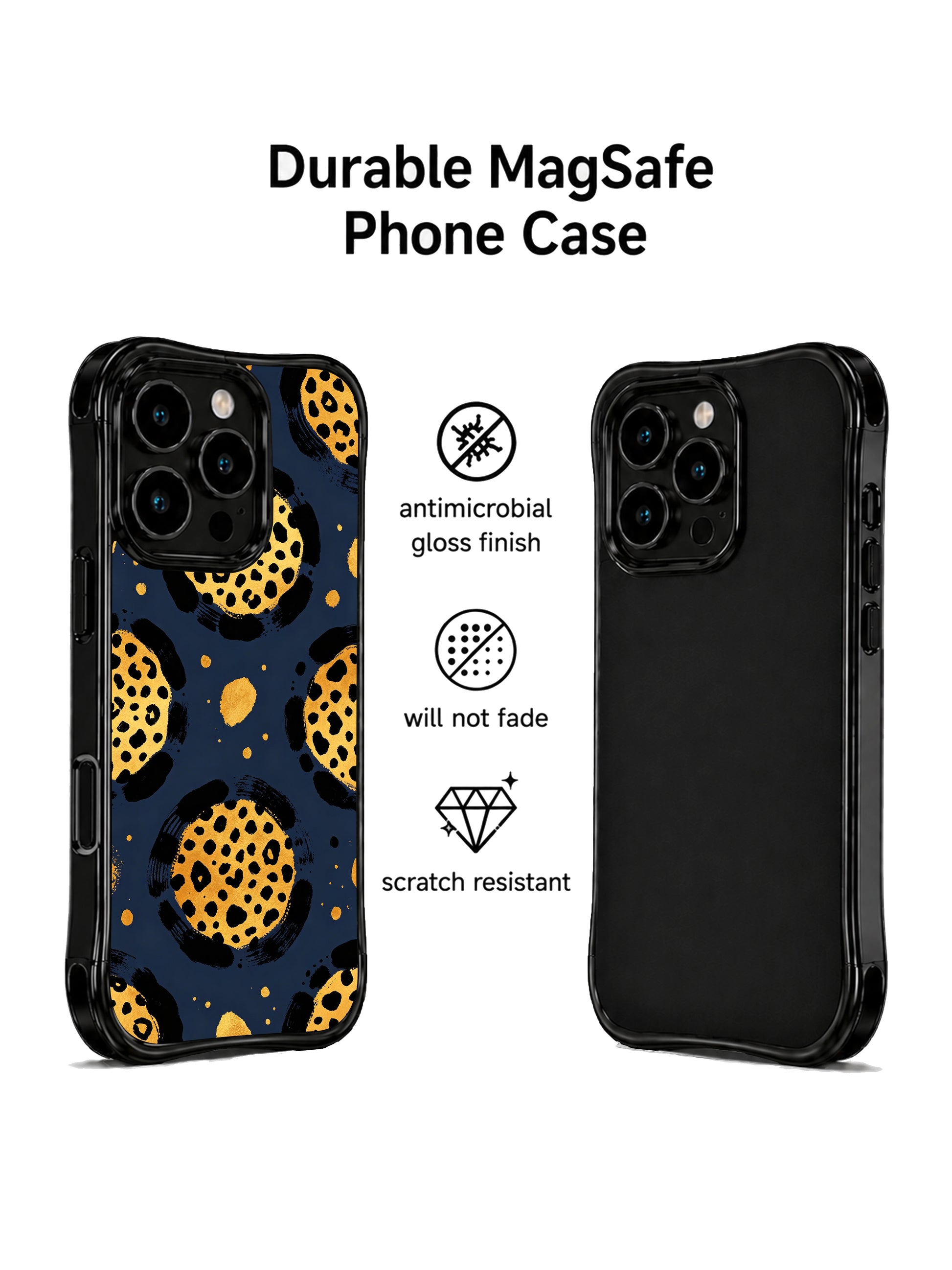 Sophisticated low-key luxury midnight leopard iPhone 14 Pro Case from PhoneCasing, fully MagSafe magnetic wireless charging compatible, wavy four-corner shockproof anti-drop frame handcrafted in California