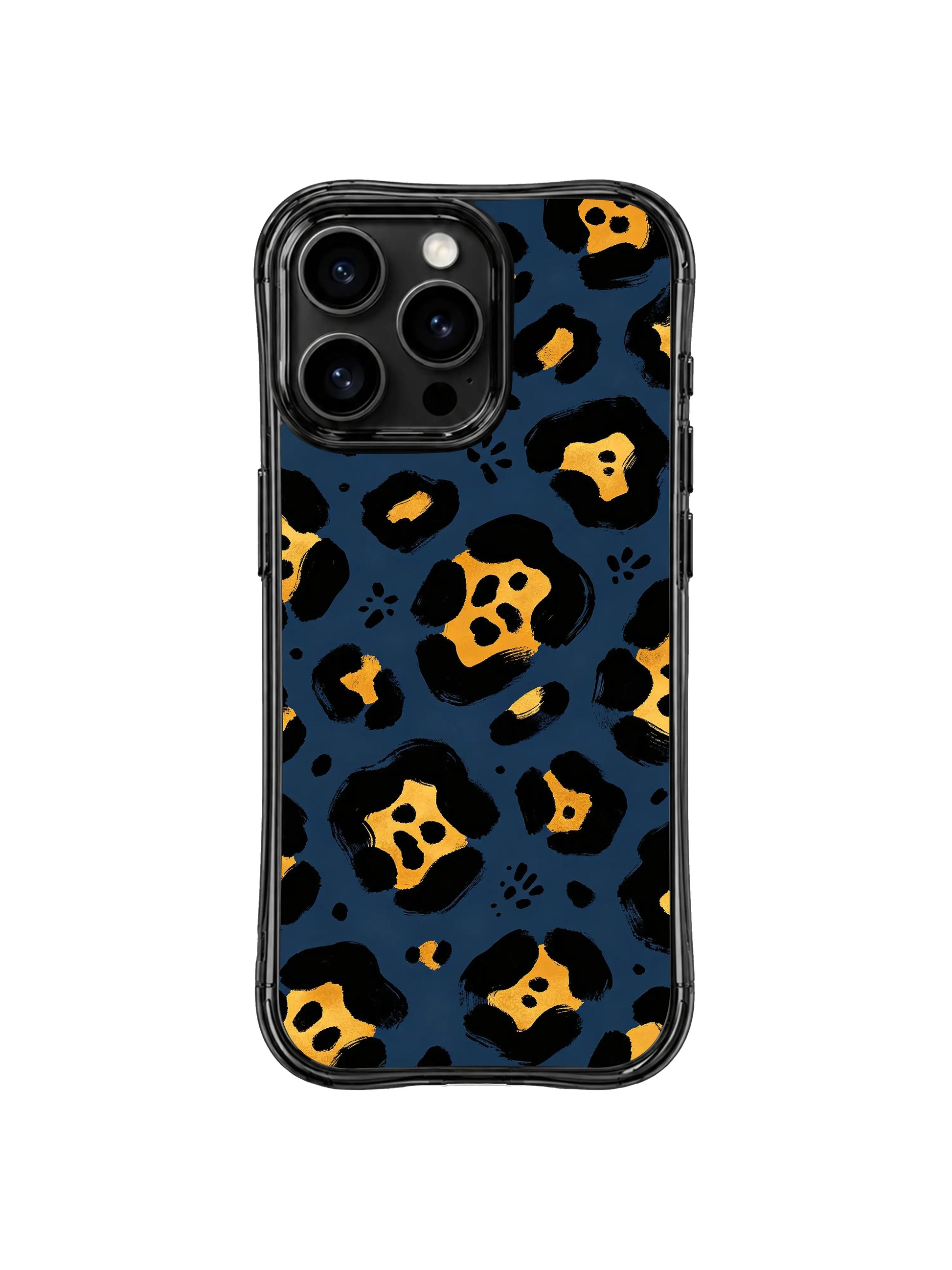 Limited edition artist collaboration navy wild leopard iPhone 14 Pro Case by PhoneCasing x Roxy Wildhart, sophisticated dark blue gold palette collectible premium phone casing