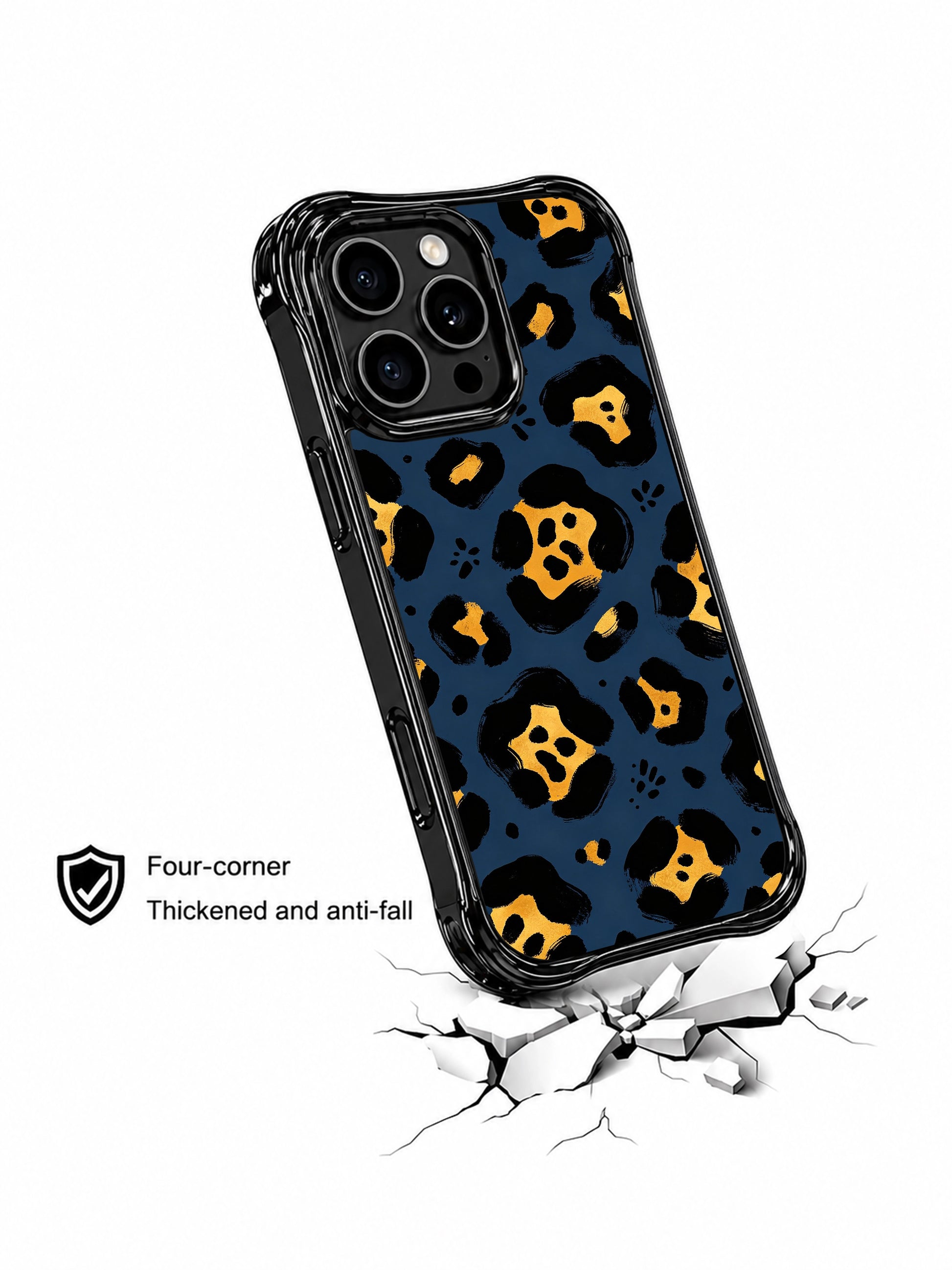 Luxury midnight blue gold leopard iPhone 14 Pro Case from PhoneCasing, fully MagSafe magnetic charging compatible, wave-shaped four-corner anti-drop shockproof frame handcrafted in California