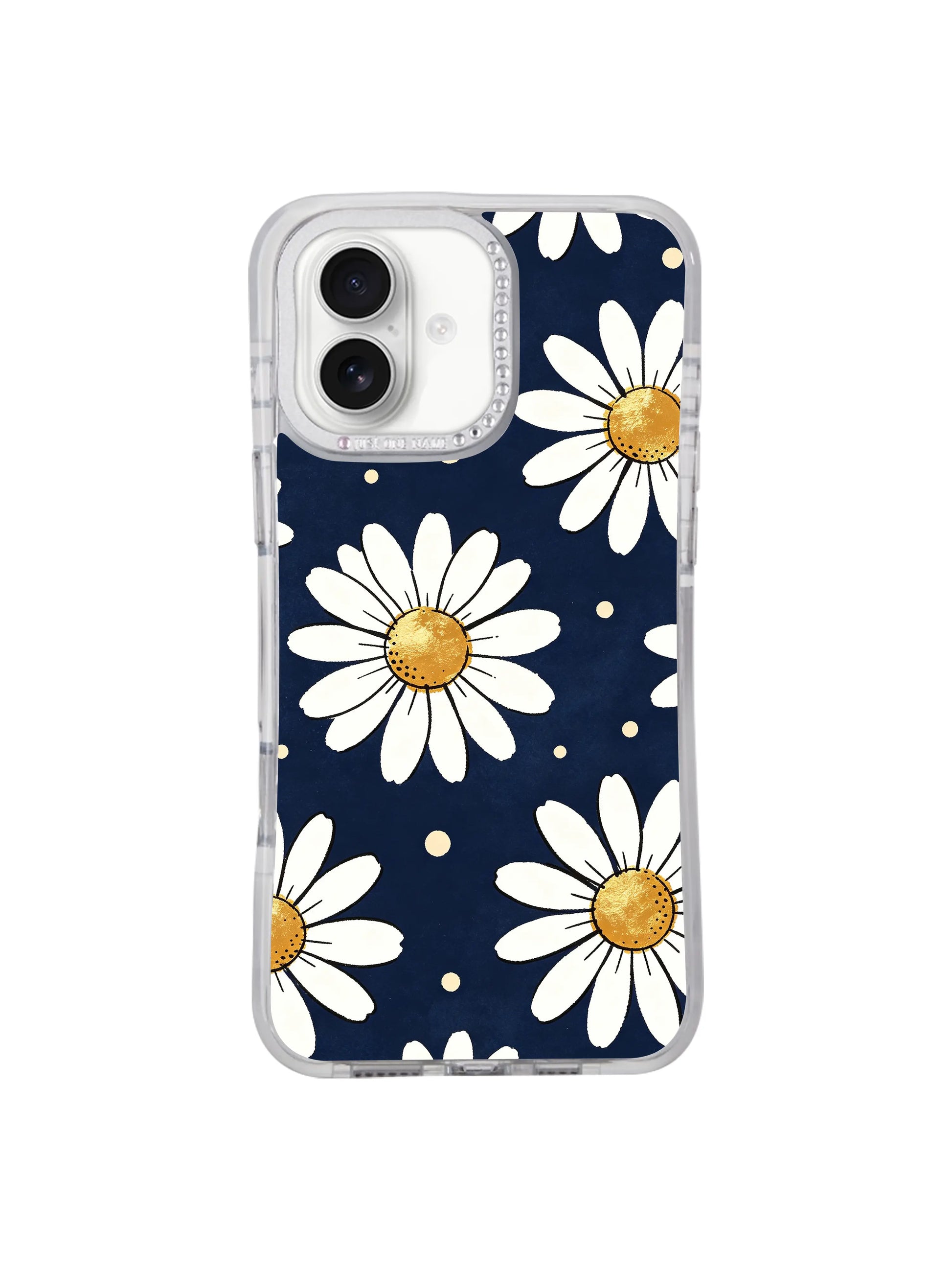 PhoneCasing luxury wearable art iPhone 17 casing featuring Solea Meadow’s Midnight Daisy Drift design, scattered drifting white daisies on quiet dark blue, premium artistic accessory made for the new 2026 iPhone 17 full series.