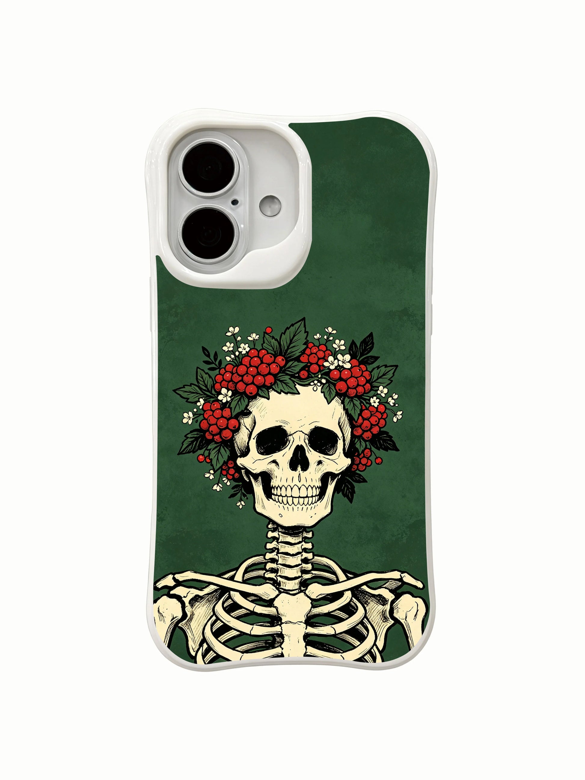 PhoneCasing close-up macro berry crown skull skeleton ink art iPhone 16 Case, detailed red berry and small white flower wreath atop vintage tattooed skull, antimicrobial anti-scuff premium iPhone 16 cover