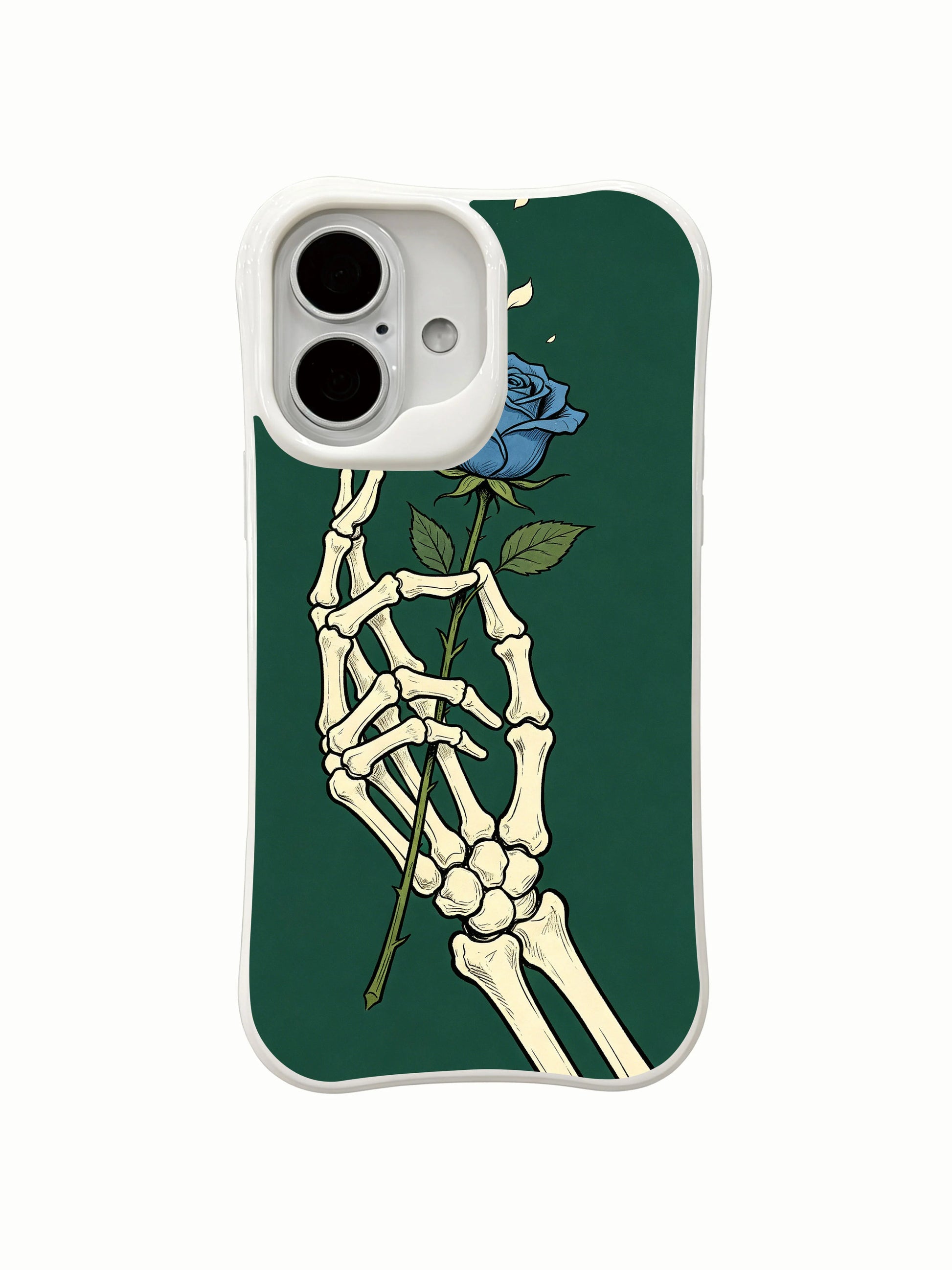 PhoneCasing close-up macro blue rose bony palm skeleton ink art iPhone 16 Case, detailed single blue rose resting between skeletal knuckles, antimicrobial anti-scuff premium iPhone 16 cover
