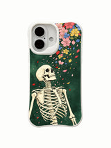 PhoneCasing close-up macro falling petal skull skeleton ink art iPhone 16 Case, detailed multicolor petals dropping onto skeletal collarbone, antimicrobial anti-scuff premium iPhone 16 cover