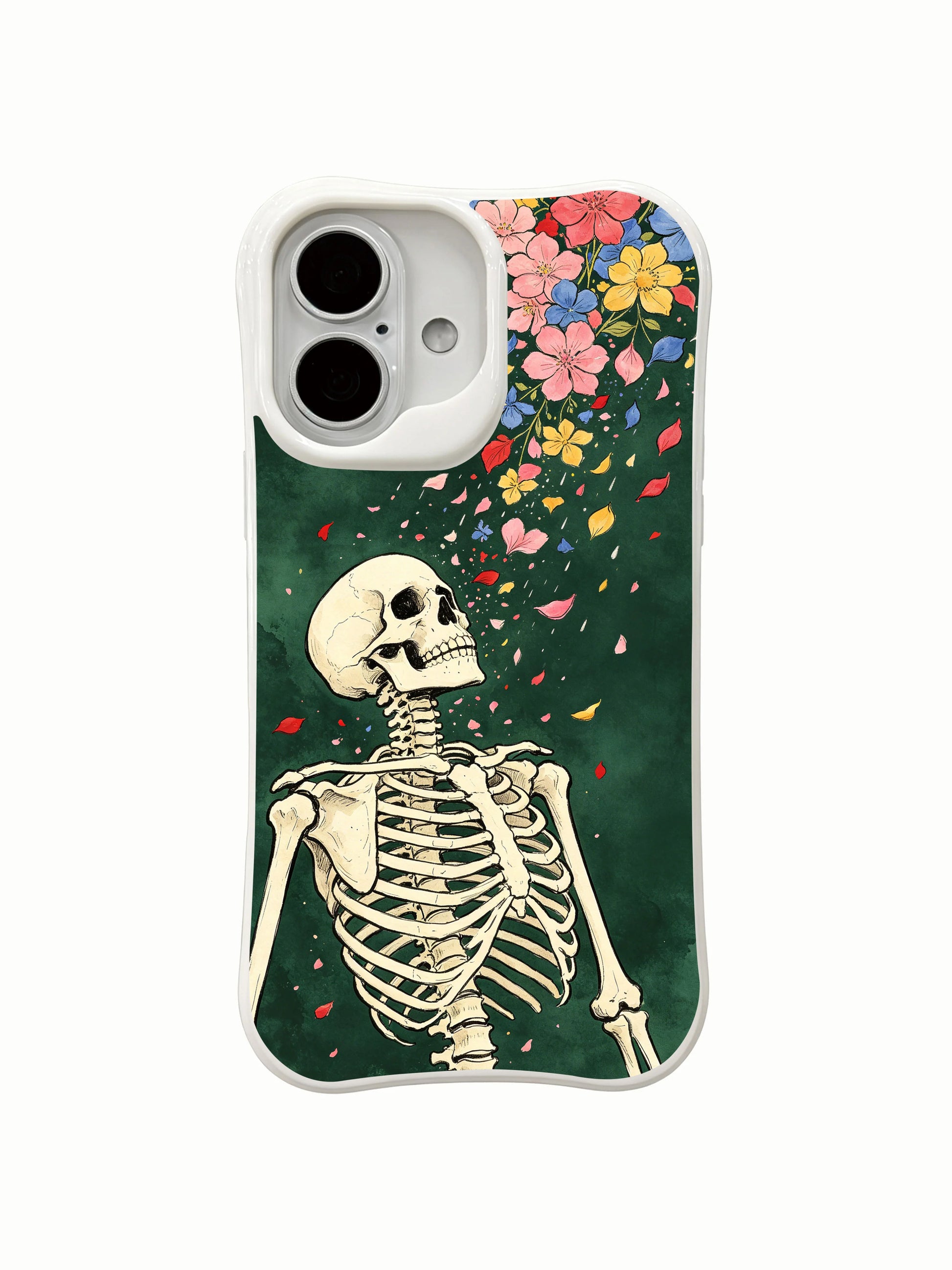 PhoneCasing close-up macro falling petal skull skeleton ink art iPhone 16 Case, detailed multicolor petals dropping onto skeletal collarbone, antimicrobial anti-scuff premium iPhone 16 cover