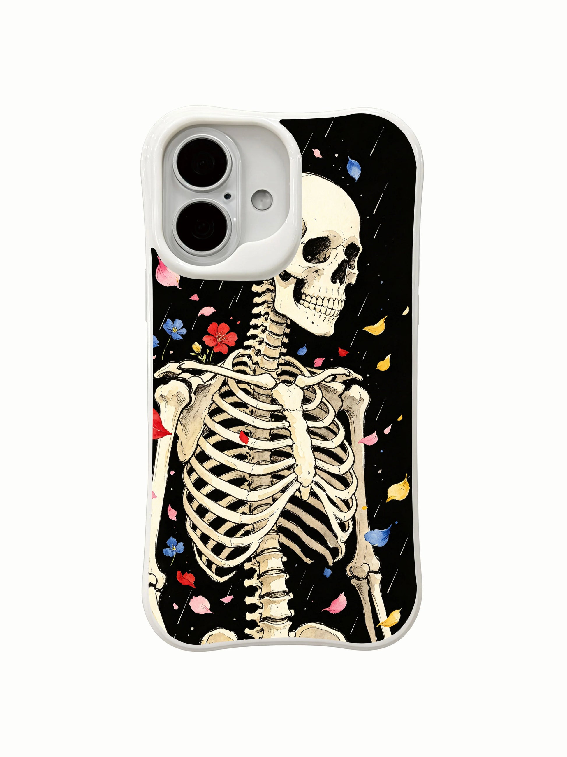 PhoneCasing close-up macro falling petal skull skeleton watercolor ink art iPhone 16 Case, intricate multicolor blossom petals landing on bone surface, antimicrobial anti-scuff premium iPhone 16 cover