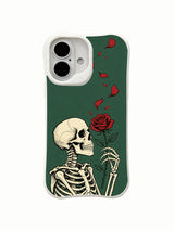 PhoneCasing close-up macro falling rose petal skull skeleton ink art iPhone 16 Case, detailed single red rose held by bony hand, antimicrobial anti-scuff premium iPhone 16 cover