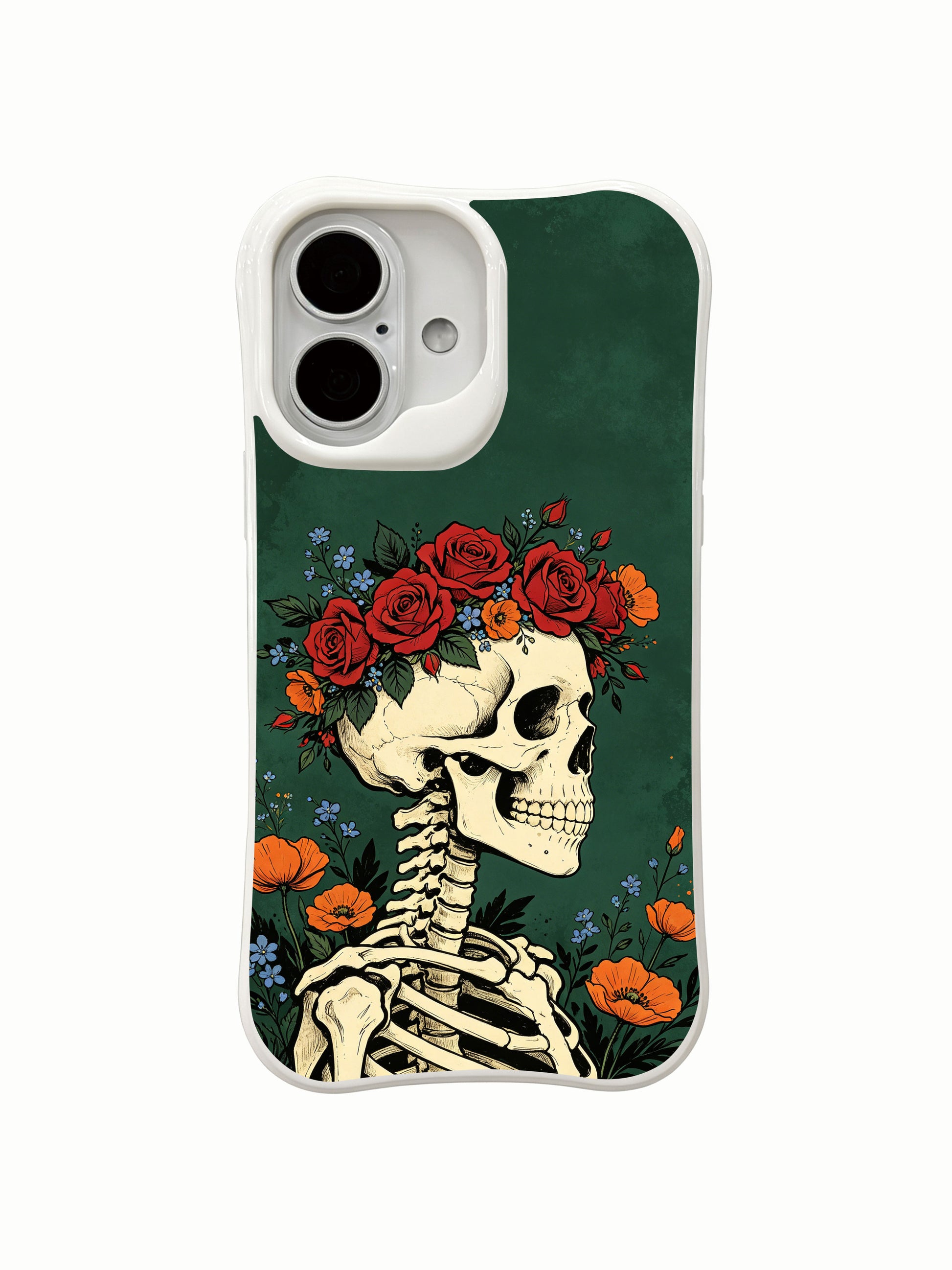 PhoneCasing close-up macro flower crown skull skeleton ink art iPhone 16 Case, intricate layered red rose, orange poppy & blue forget-me-not wrapped around skull, antimicrobial anti-scuff premium iPhone 16 cover