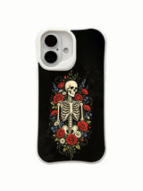 PhoneCasing close-up macro floral wreath skeleton ink art iPhone 16 Case, intricate layered rose, poppy, daisy wrapping around bony torso, antimicrobial anti-scuff premium iPhone 16 cover