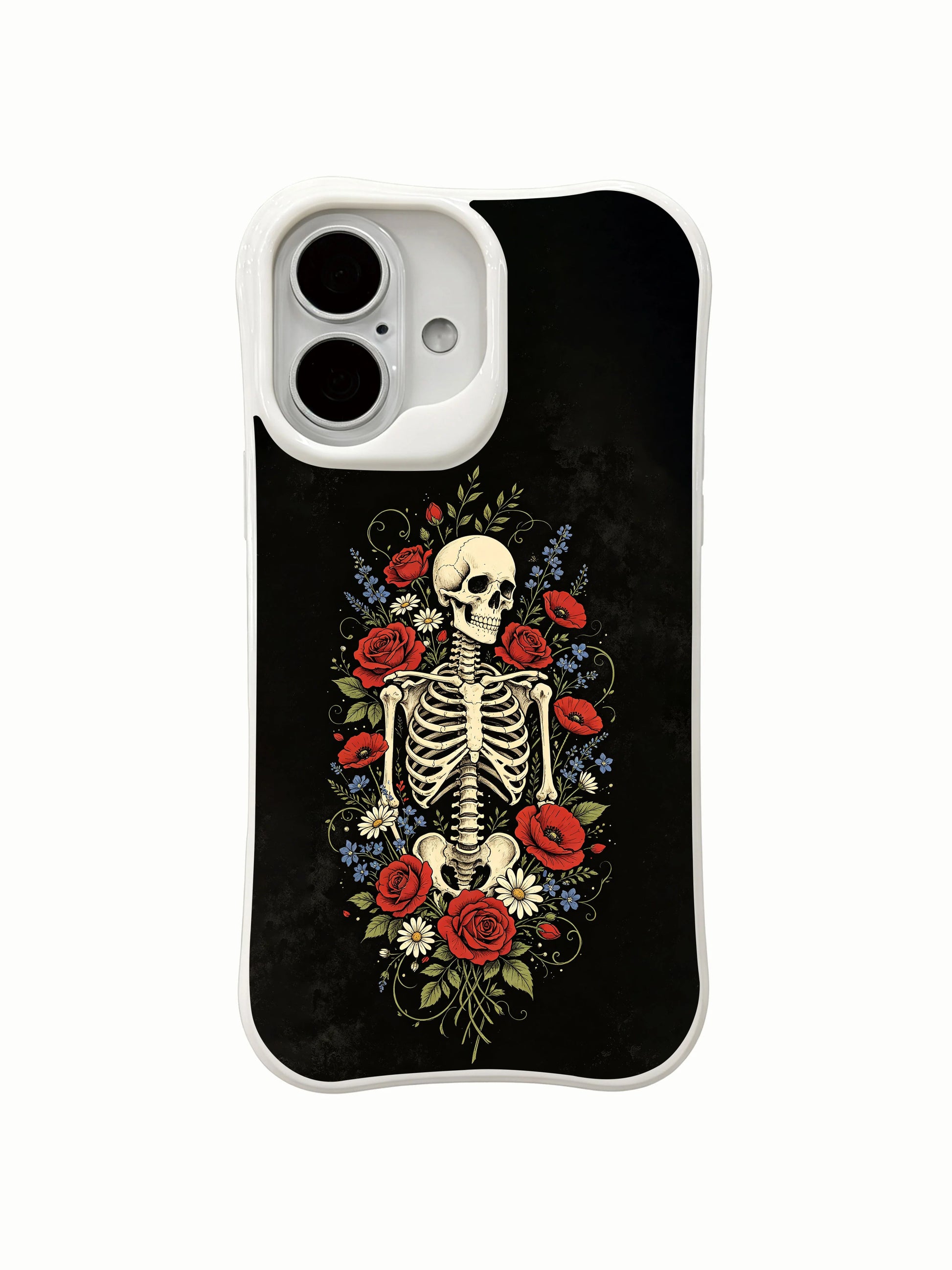PhoneCasing close-up macro floral wreath skeleton ink art iPhone 16 Case, intricate layered rose, poppy, daisy wrapping around bony torso, antimicrobial anti-scuff premium iPhone 16 cover