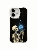 PhoneCasing close-up macro glowing blue rose skeleton ink art iPhone 16 Case, intricate luminous bloom with drifting silver petals landing on bone, antimicrobial anti-scuff premium iPhone 16 cover