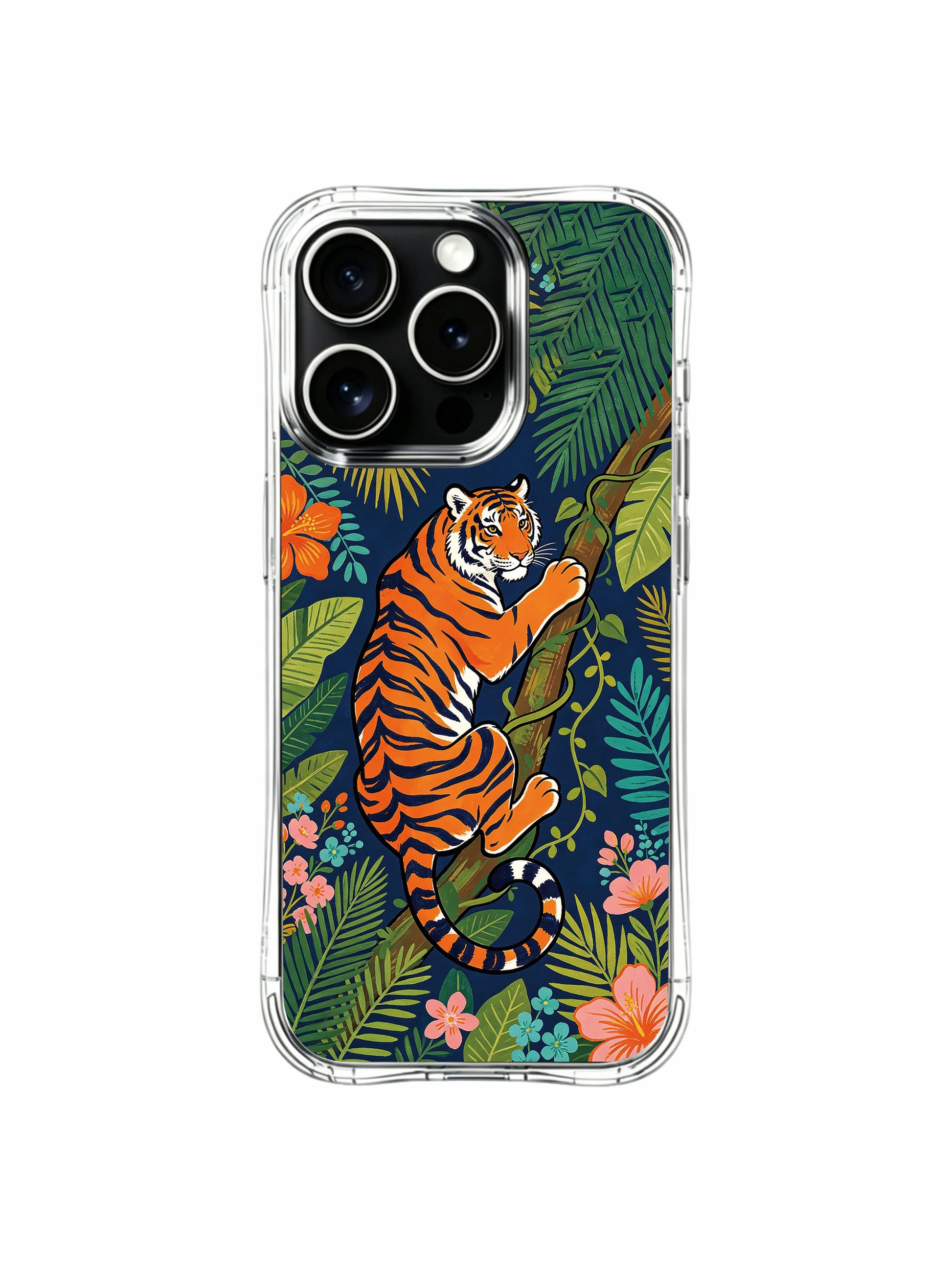 MagSafe compatible climbing tiger floral iPhone 13 pro Case from PhoneCasing, ultra-thin transparent iPhone 13 pro casing with lush tropical jungle print, functional artistic phone cover.