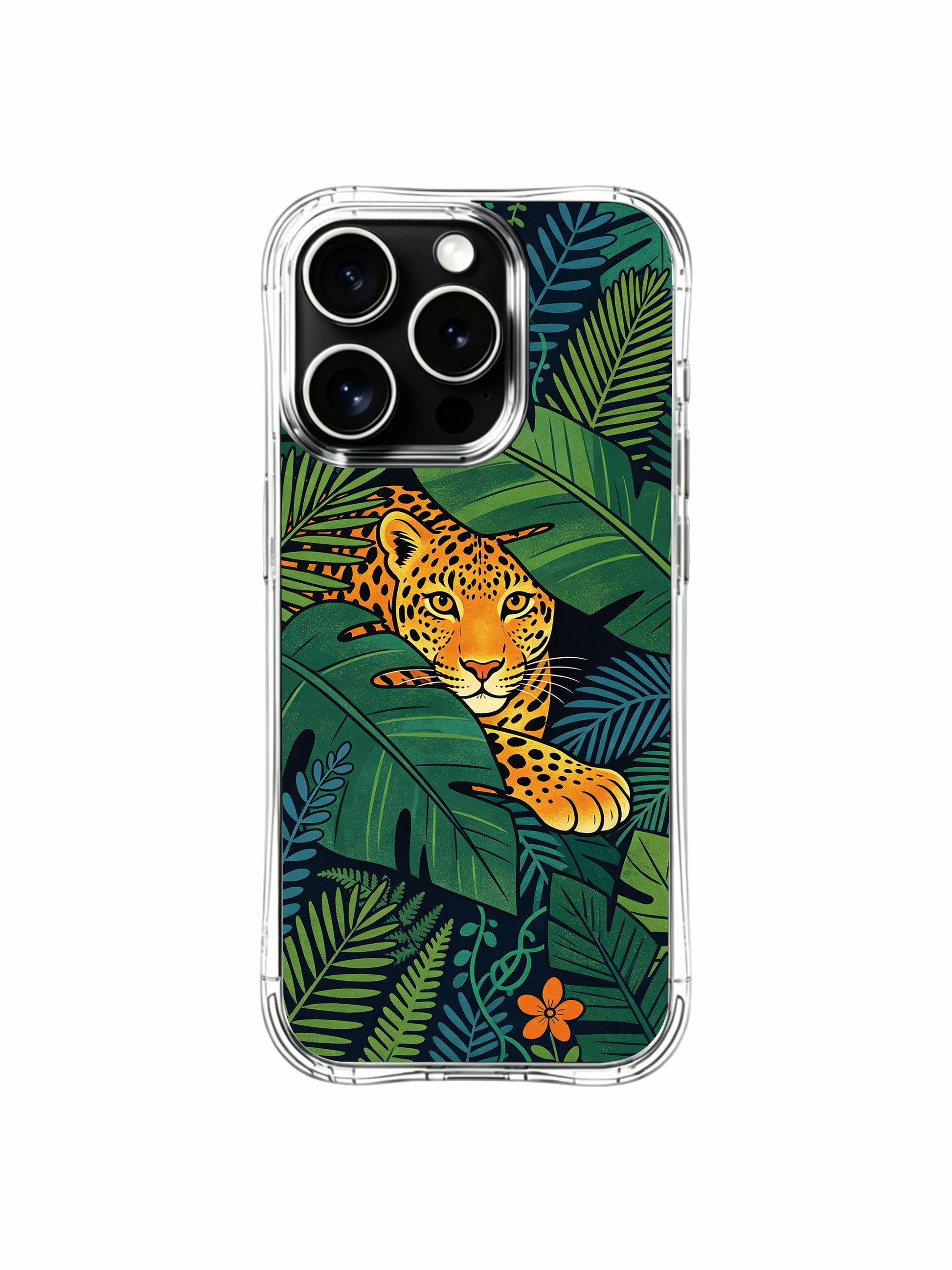 MagSafe snap-on compatible peekaboo tropical jaguar foliage design iPhone 13 pro Case from PhoneCasing, zero-bulk slim protective iPhone 13 pro casing with full wrap dark jungle print, functional daily wearable art phone cover.