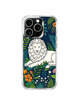 White lion against a deep navy garden artwork on an iPhone 13 Pro case